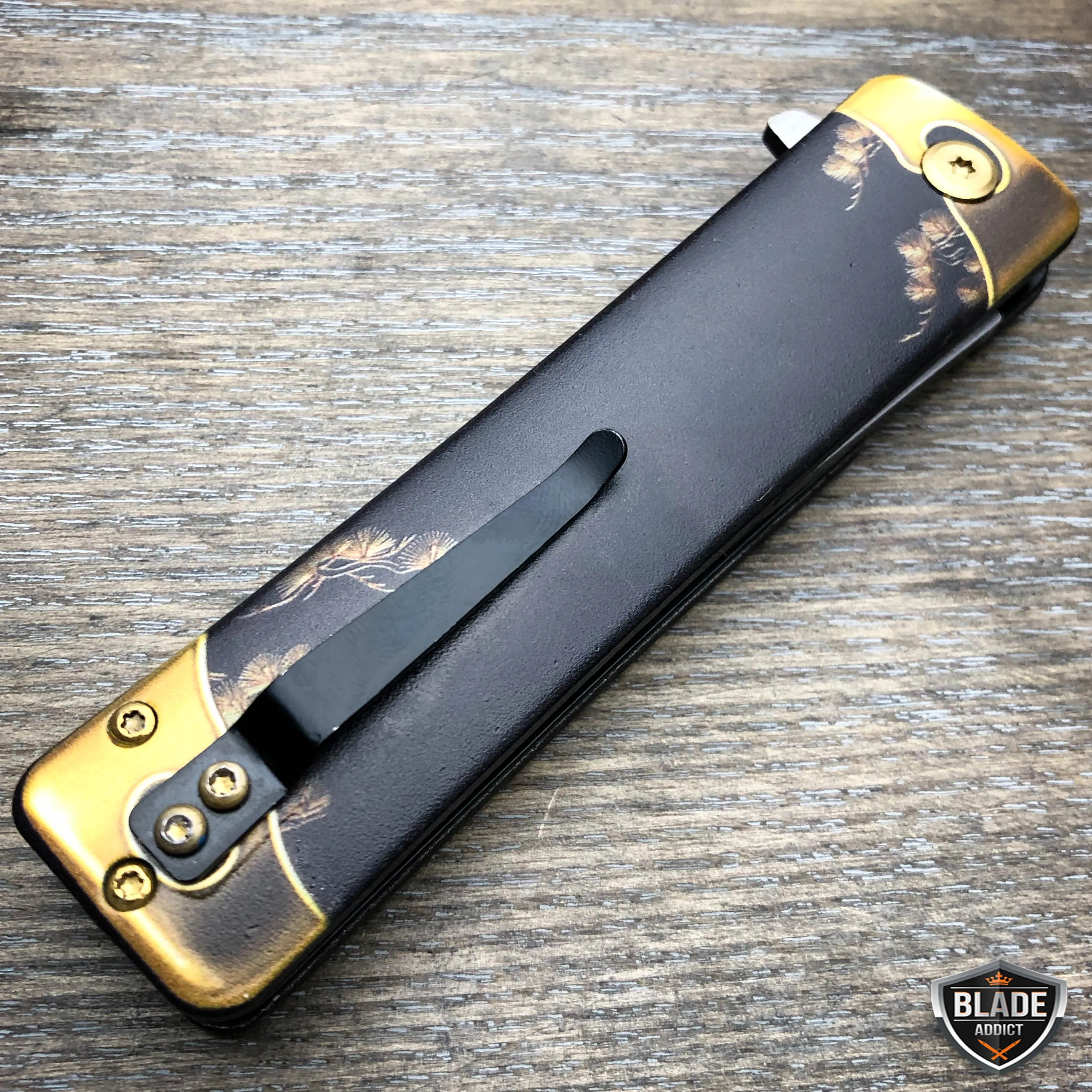 8" Tanto Japanese Style Katana Dragon Heron Bird Spring Assisted Pocket Knife