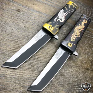 8" Tanto Japanese Style Katana Dragon Heron Bird Spring Assisted Pocket Knife