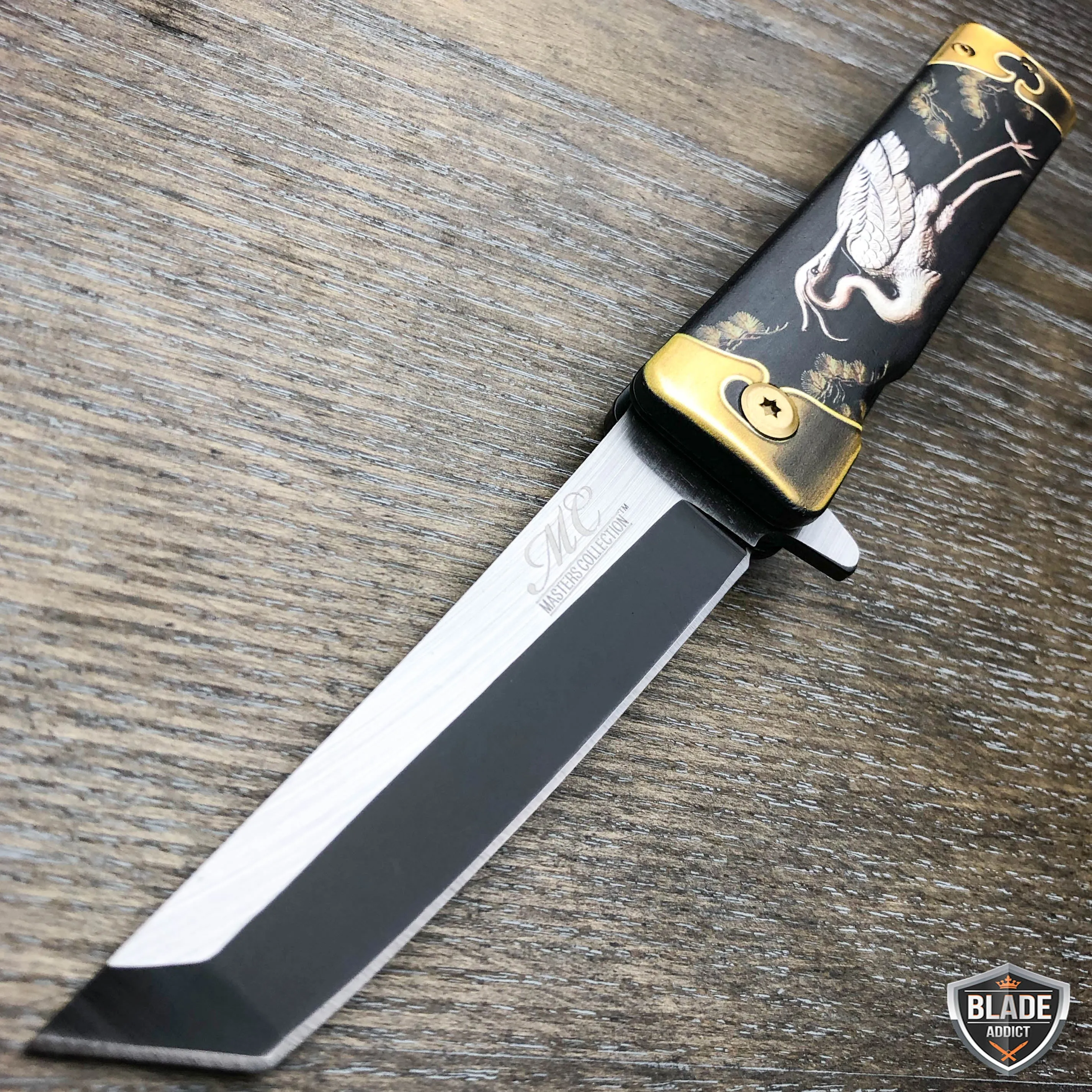 8" Tanto Japanese Style Katana Dragon Heron Bird Spring Assisted Pocket Knife