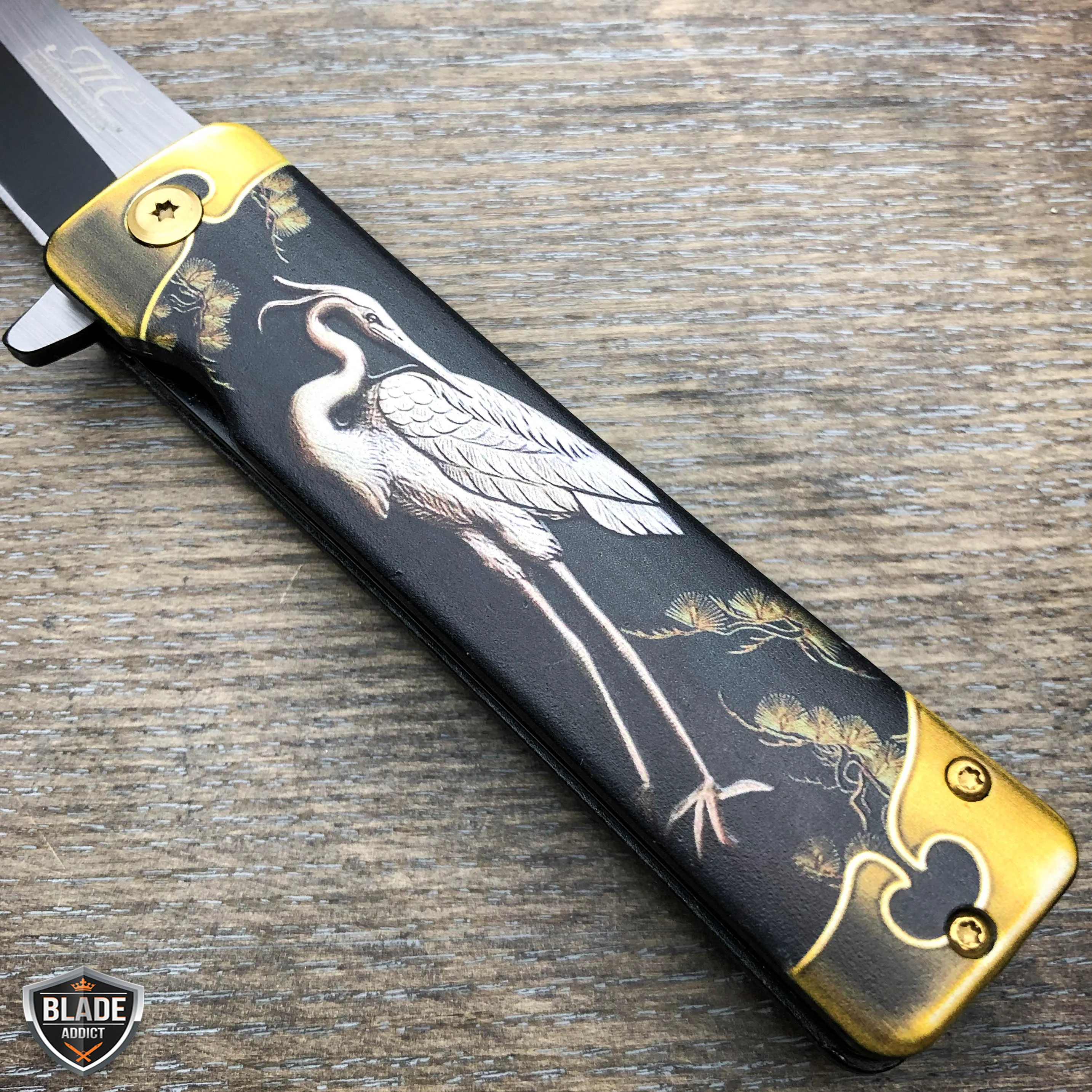 8" Tanto Japanese Style Katana Dragon Heron Bird Spring Assisted Pocket Knife