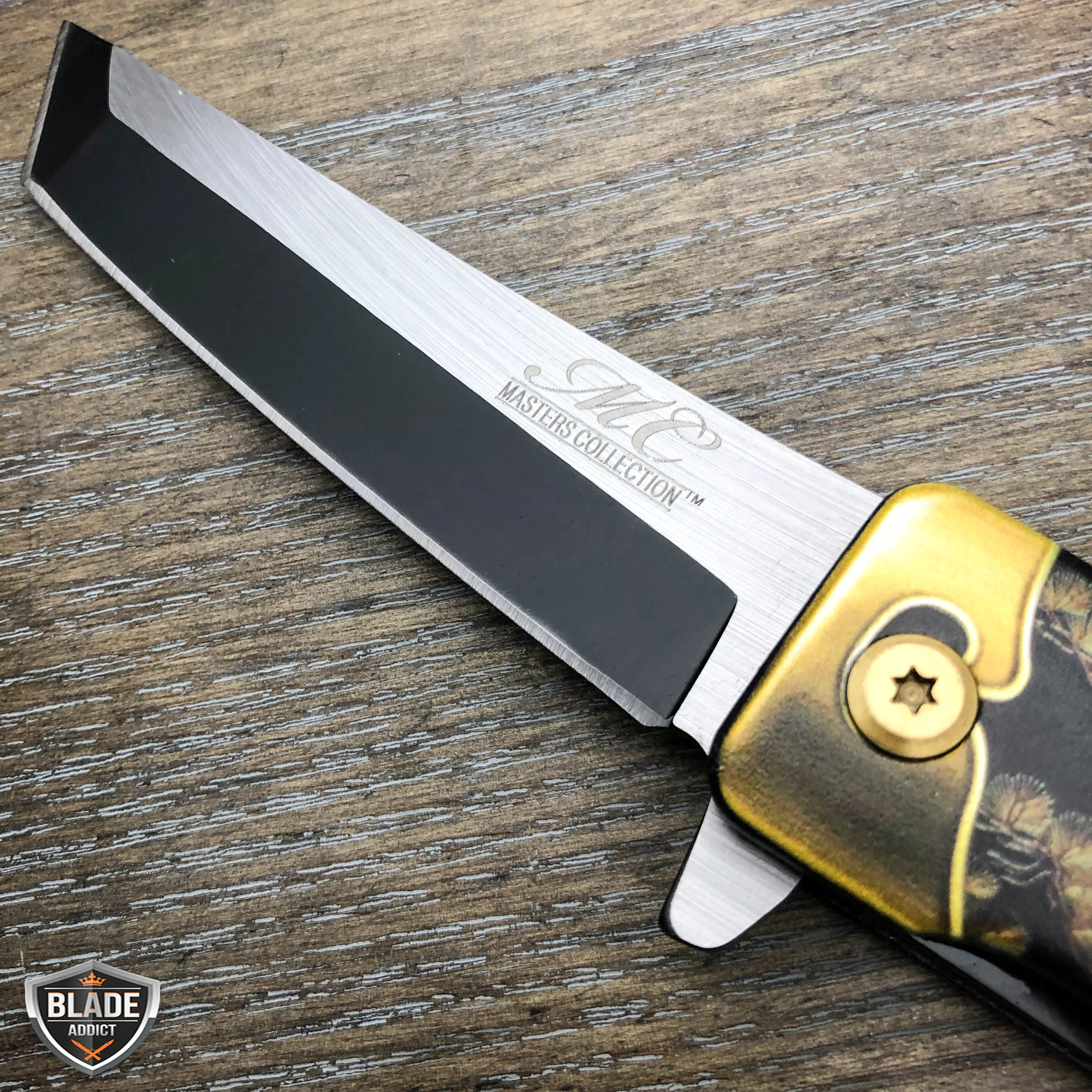 8" Tanto Japanese Style Katana Dragon Heron Bird Spring Assisted Pocket Knife