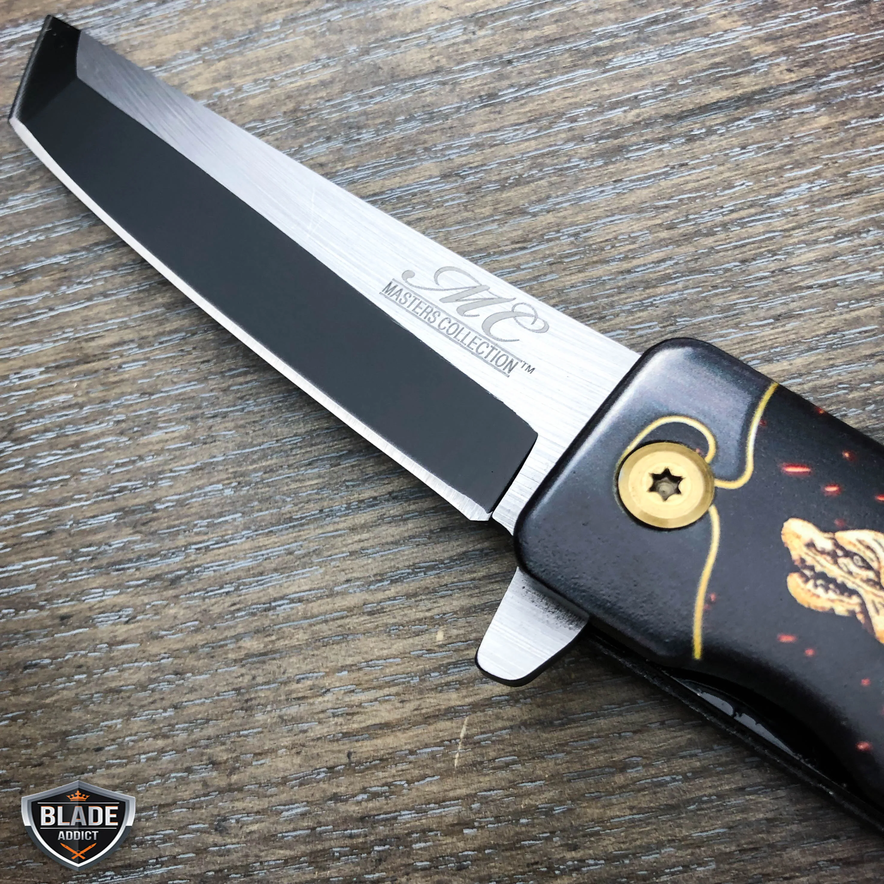 8" Tanto Japanese Style Katana Dragon Heron Bird Spring Assisted Pocket Knife