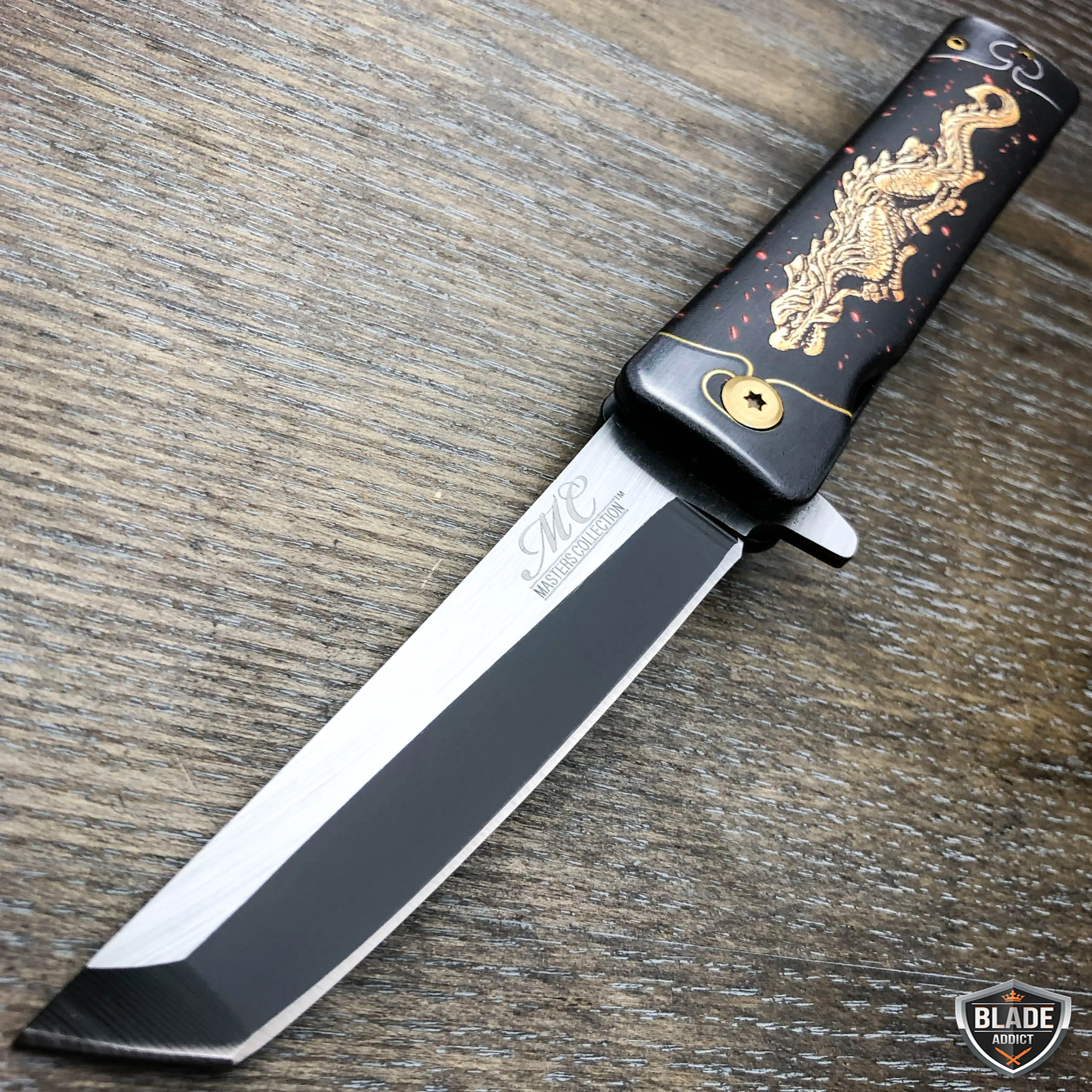 8" Tanto Japanese Style Katana Dragon Heron Bird Spring Assisted Pocket Knife