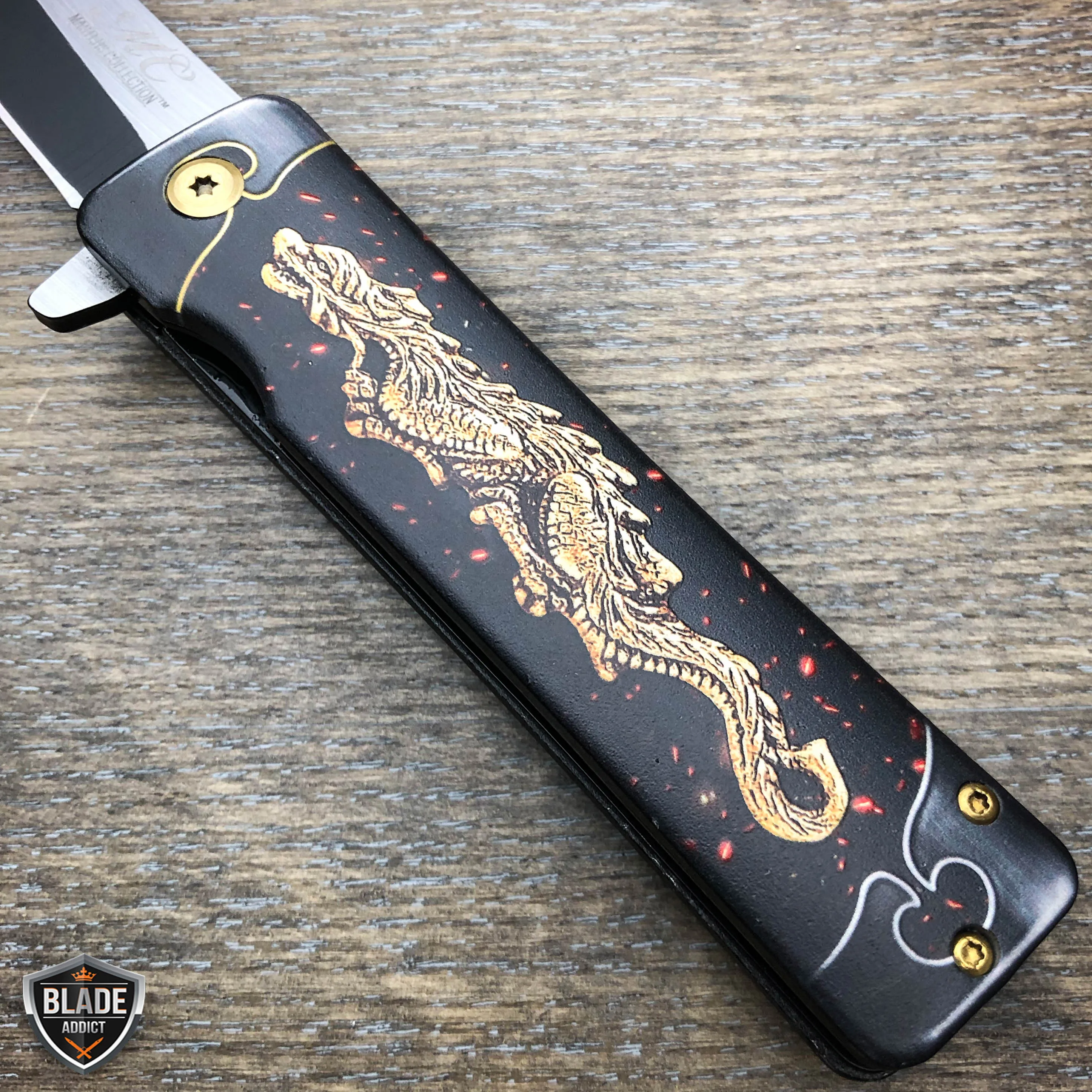 8" Tanto Japanese Style Katana Dragon Heron Bird Spring Assisted Pocket Knife