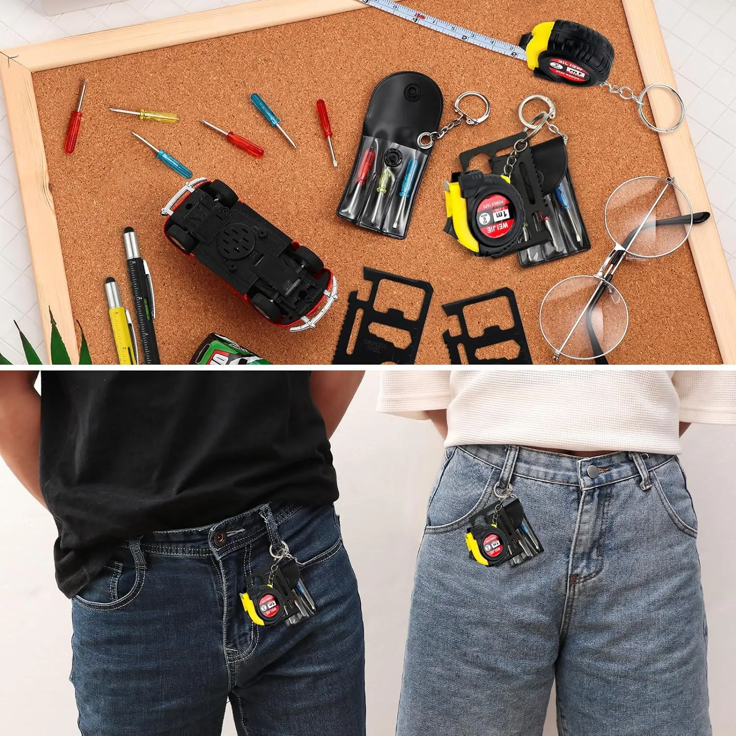 96 Pcs Mini Tape Screwdriver Keychain Set Fathers Gifts Employee Coworkers Men Gifts Bulk Adult Party Favors Measuring Keychains Multitool Pen Card Tool for Men Dad (Yellow,Black)