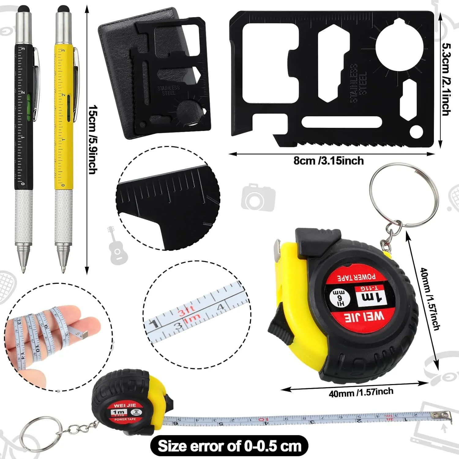 96 Pcs Mini Tape Screwdriver Keychain Set Fathers Gifts Employee Coworkers Men Gifts Bulk Adult Party Favors Measuring Keychains Multitool Pen Card Tool for Men Dad (Yellow,Black)