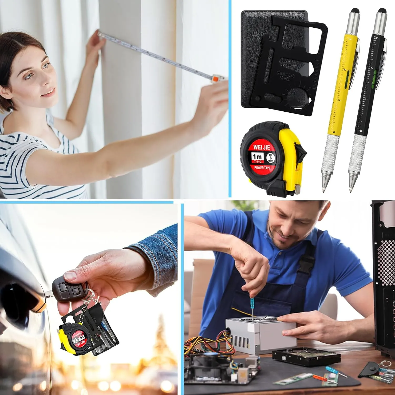 96 Pcs Mini Tape Screwdriver Keychain Set Fathers Gifts Employee Coworkers Men Gifts Bulk Adult Party Favors Measuring Keychains Multitool Pen Card Tool for Men Dad (Yellow,Black)