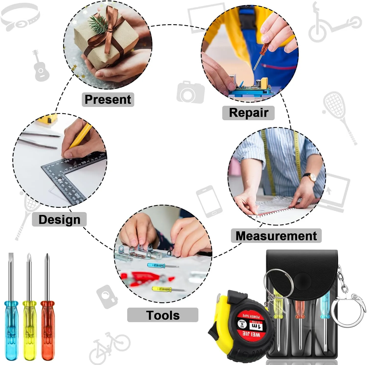 96 Pcs Mini Tape Screwdriver Keychain Set Fathers Gifts Employee Coworkers Men Gifts Bulk Adult Party Favors Measuring Keychains Multitool Pen Card Tool for Men Dad (Yellow,Black)