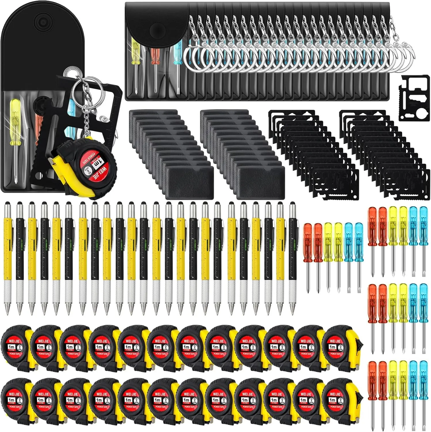 96 Pcs Mini Tape Screwdriver Keychain Set Fathers Gifts Employee Coworkers Men Gifts Bulk Adult Party Favors Measuring Keychains Multitool Pen Card Tool for Men Dad (Yellow,Black)