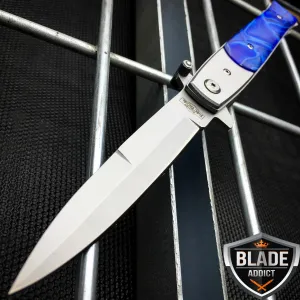 9" Italian Milano Stiletto Tactical Spring Assisted Open Pocket Knife Blue edc