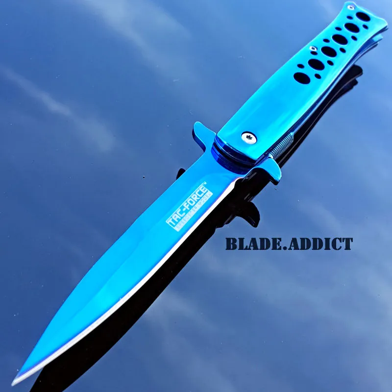 9" TAC FORCE BLUE TITANIUM STILETTO SPRING ASSISTED TACTICAL POCKET KNIFE EDC