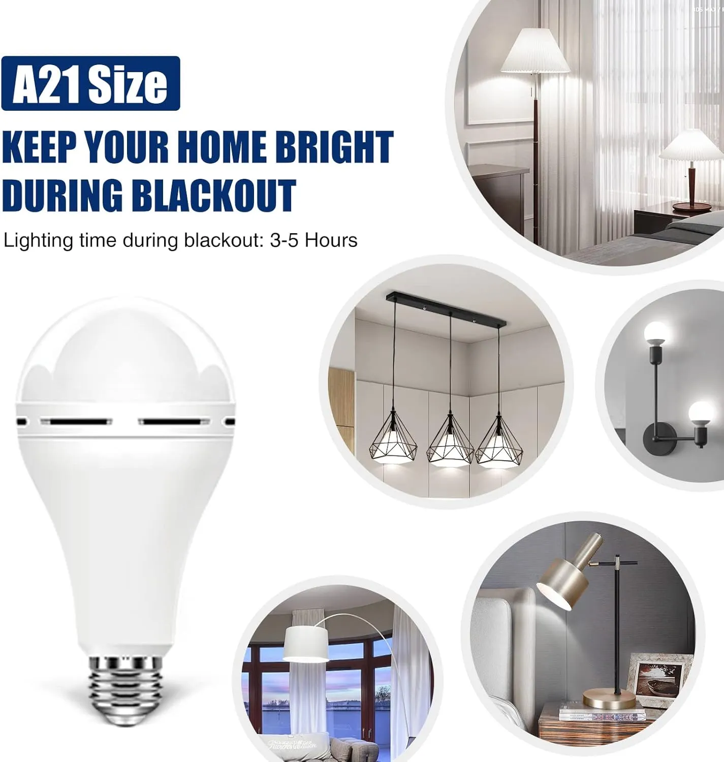 A21 6PK Emergency-Rechargeable-Light-Bulb, Keep Lighting During Power Outage, 12W 6500K LED 65W Equivalent Light Bulbs, 1200 mAh Battery Backup Light Bulbs for Home Power Failure