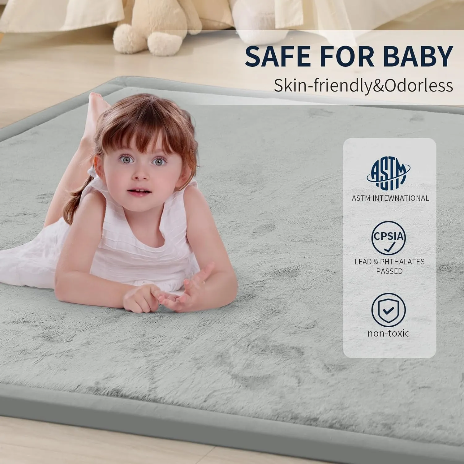 ACOMOPACK Baby Play Mat for Floor 1.3" Thick Memory Foam Play Mat 71"×79" Tummy Time Crawling with Non-Slip Bottom for Living Room,Nursery,Soft Velvet Playpen Mats for Kids,Infants（Light Grey）