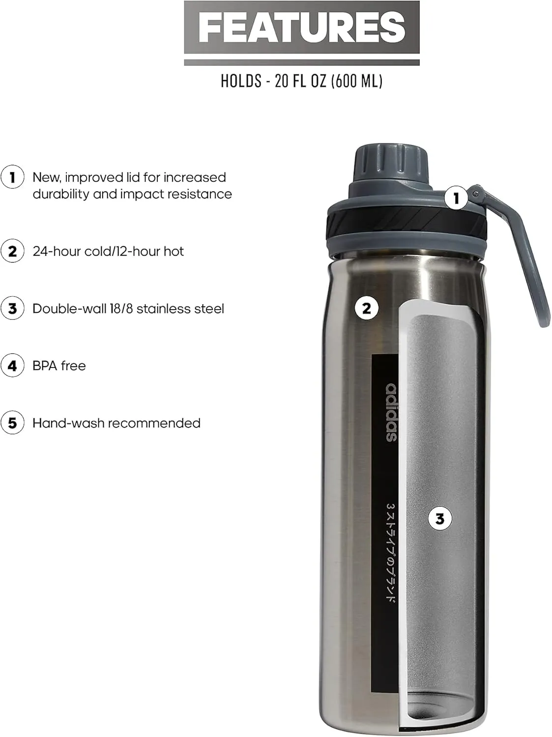 adidas 20 oz Stainless Steel Water Bottle, Insulated Double-Walled 18/8 Metal, Men, Women, Girls and Boys