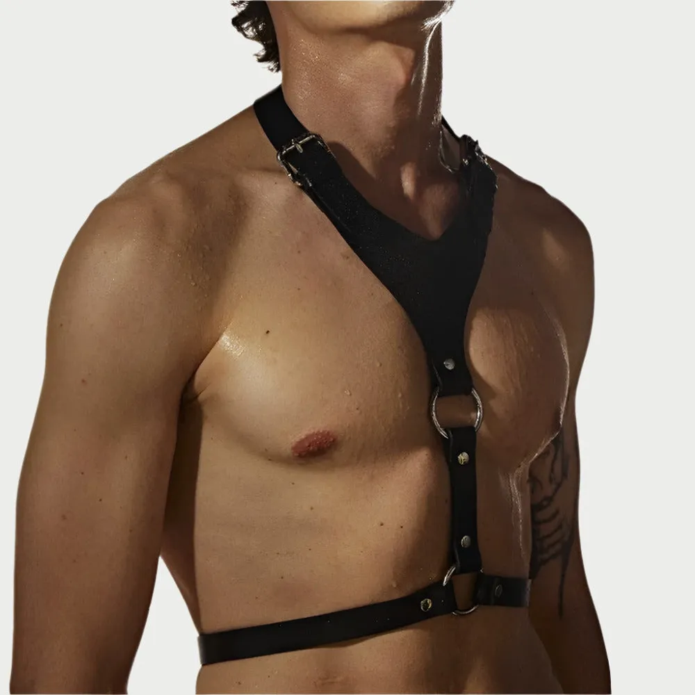 Adjustable Black Leather Chest Harness