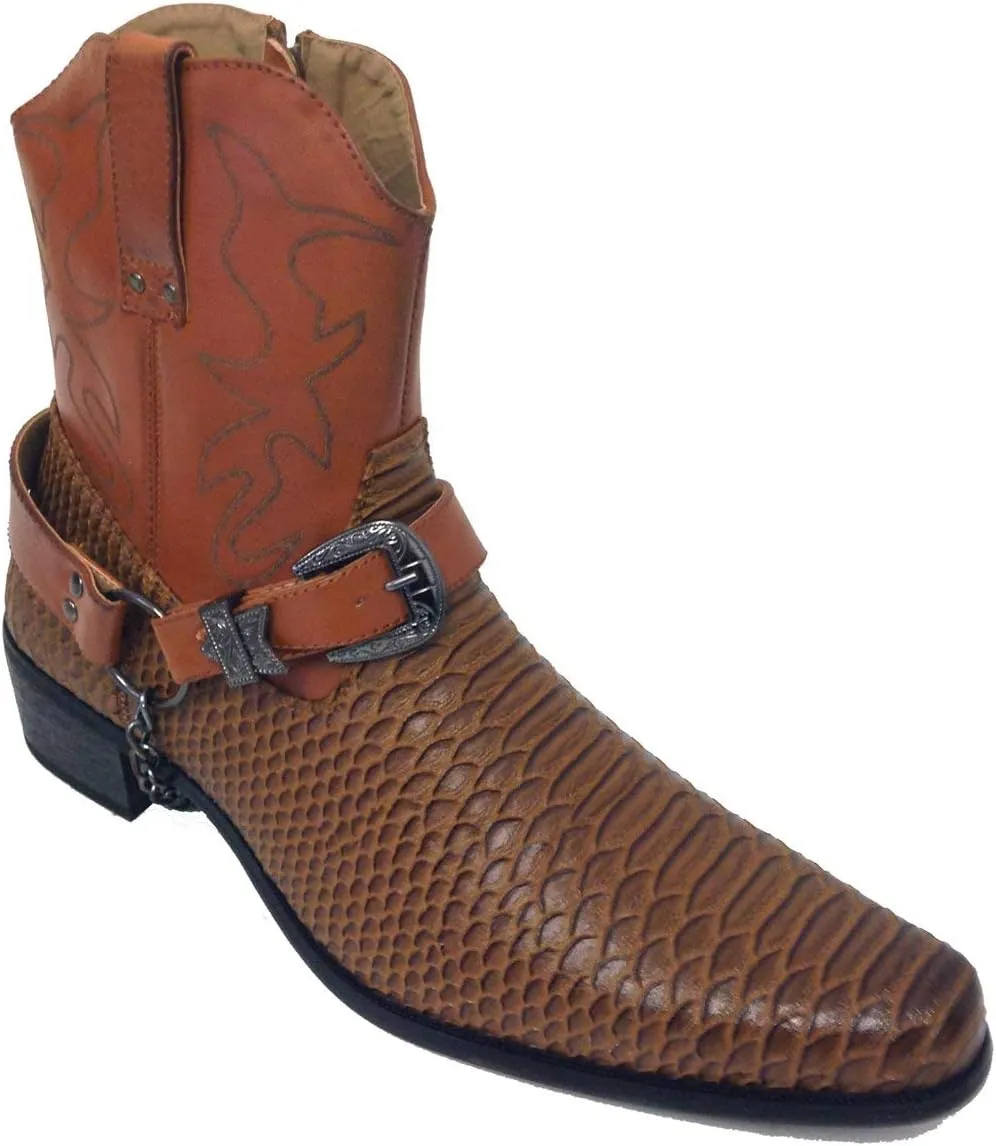 AF J-jap Men’s Cowboy Boots Western Snake Skin Print Alligator Crocodile Zippper Buckle Harness Chain Ankle Shoes (7 D(M) US, Brown)