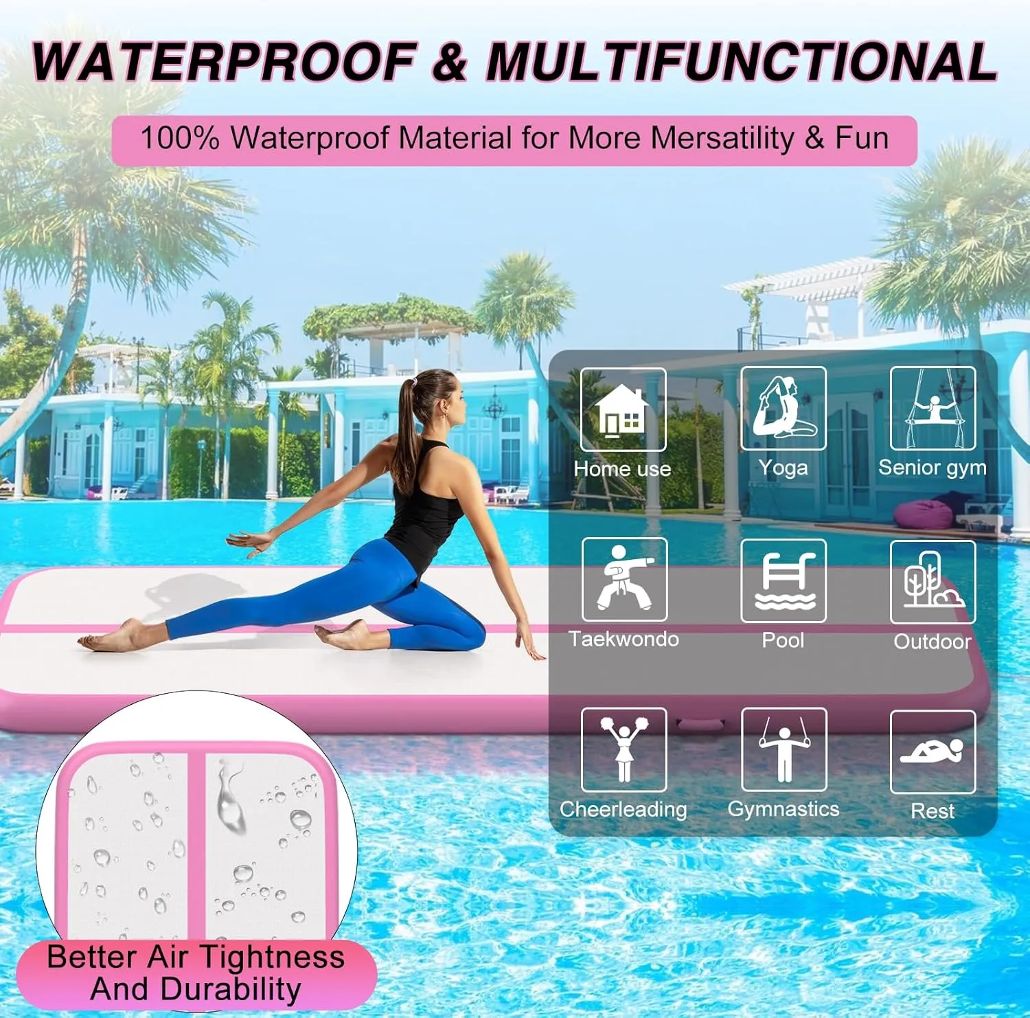Air Gymnastics Tumbling Mat, 6.6ft/10ft/13ft/16ft/20ft Inflatable Track Mat for Home/Outdoor Training, 4/8 inch Thick Gym Mat with Electric Pump for Kids & Adults