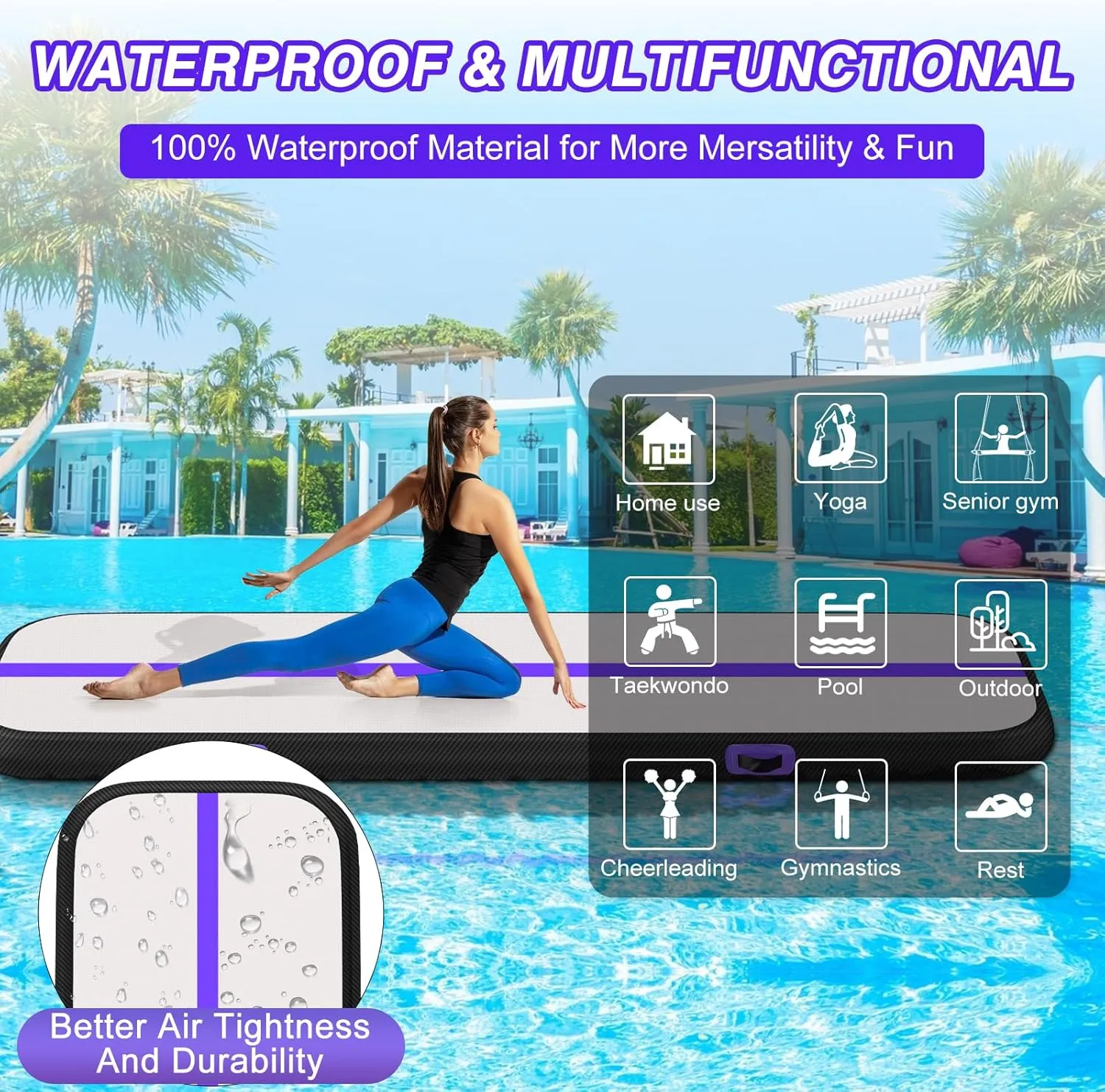 Air Gymnastics Tumbling Mat, 6.6ft/10ft/13ft/16ft/20ft Inflatable Track Mat for Home/Outdoor Training, 4/8 inch Thick Gym Mat with Electric Pump for Kids & Adults
