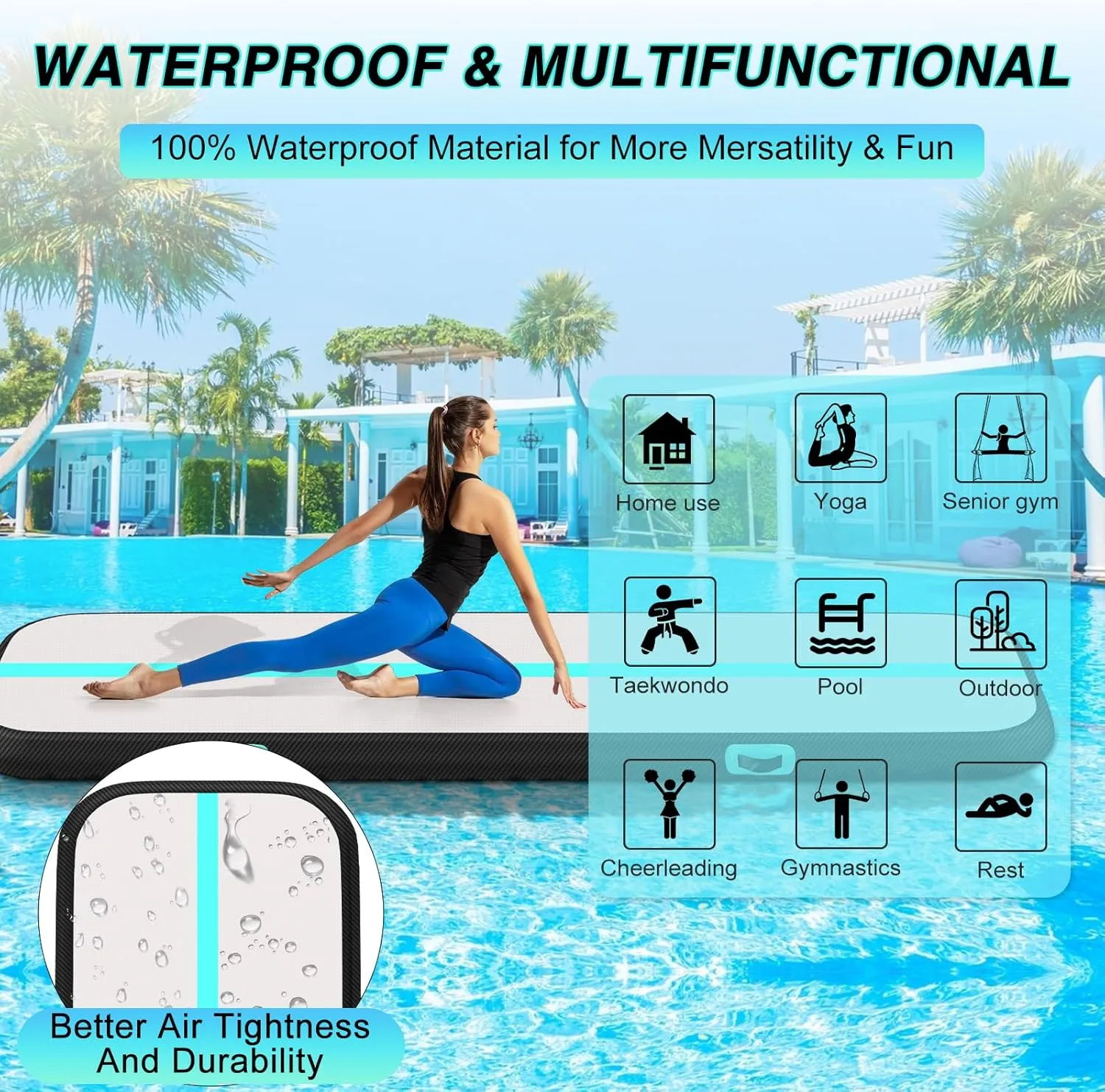 Air Gymnastics Tumbling Mat, 6.6ft/10ft/13ft/16ft/20ft Inflatable Track Mat for Home/Outdoor Training, 4/8 inch Thick Gym Mat with Electric Pump for Kids & Adults