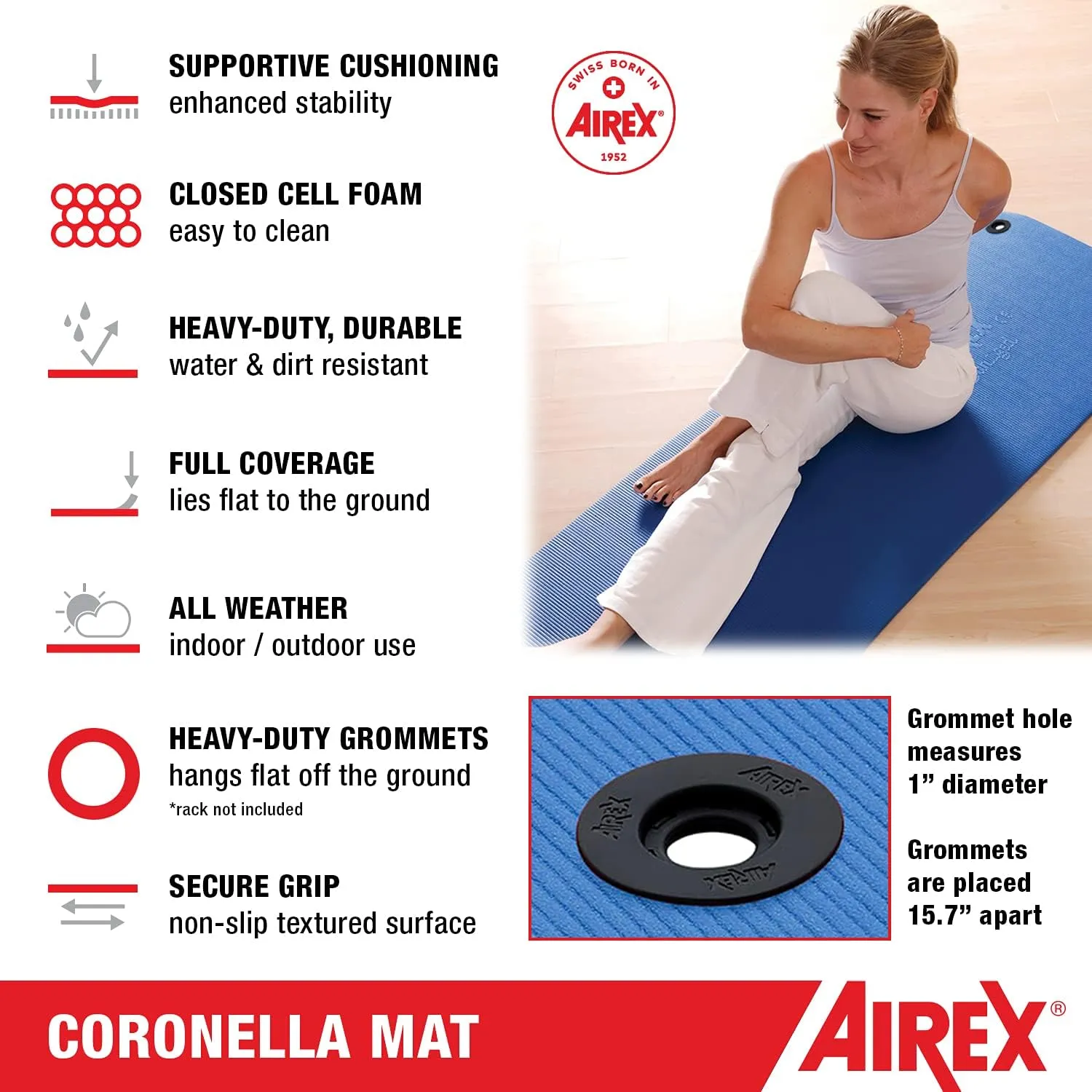 AIREX Official Coronella Exercise Mat - Home Workout Mat for Rehabilitation, Strength Training, Aerobics, Water Fitness, Exercise, Home Workouts, Floor Exercises with Premium Foam