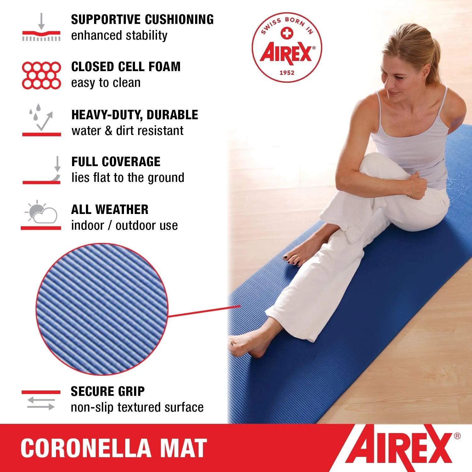 AIREX Official Coronella Exercise Mat - Home Workout Mat for Rehabilitation, Strength Training, Aerobics, Water Fitness, Exercise, Home Workouts, Floor Exercises with Premium Foam