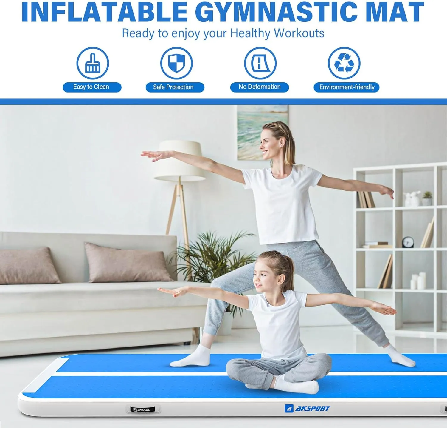 AKSPORT Gymnastics Air Mat Tumble Track Tumbling Mat Inflatable Floor Mats with Air Pump for Home Use/Tumble/Gym/Training/Cheerleading/Parkour/Beach/Park/Water