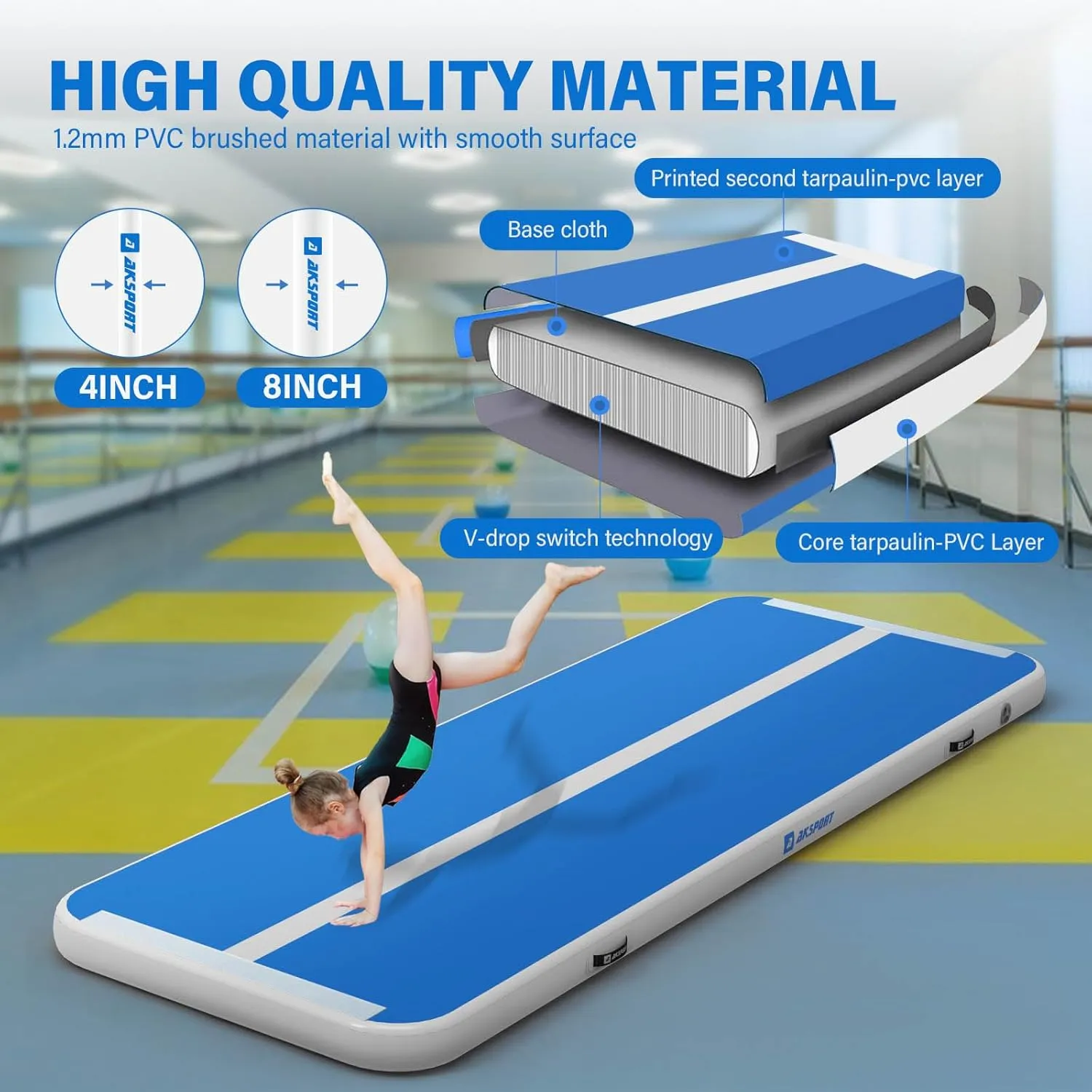 AKSPORT Gymnastics Air Mat Tumble Track Tumbling Mat Inflatable Floor Mats with Air Pump for Home Use/Tumble/Gym/Training/Cheerleading/Parkour/Beach/Park/Water