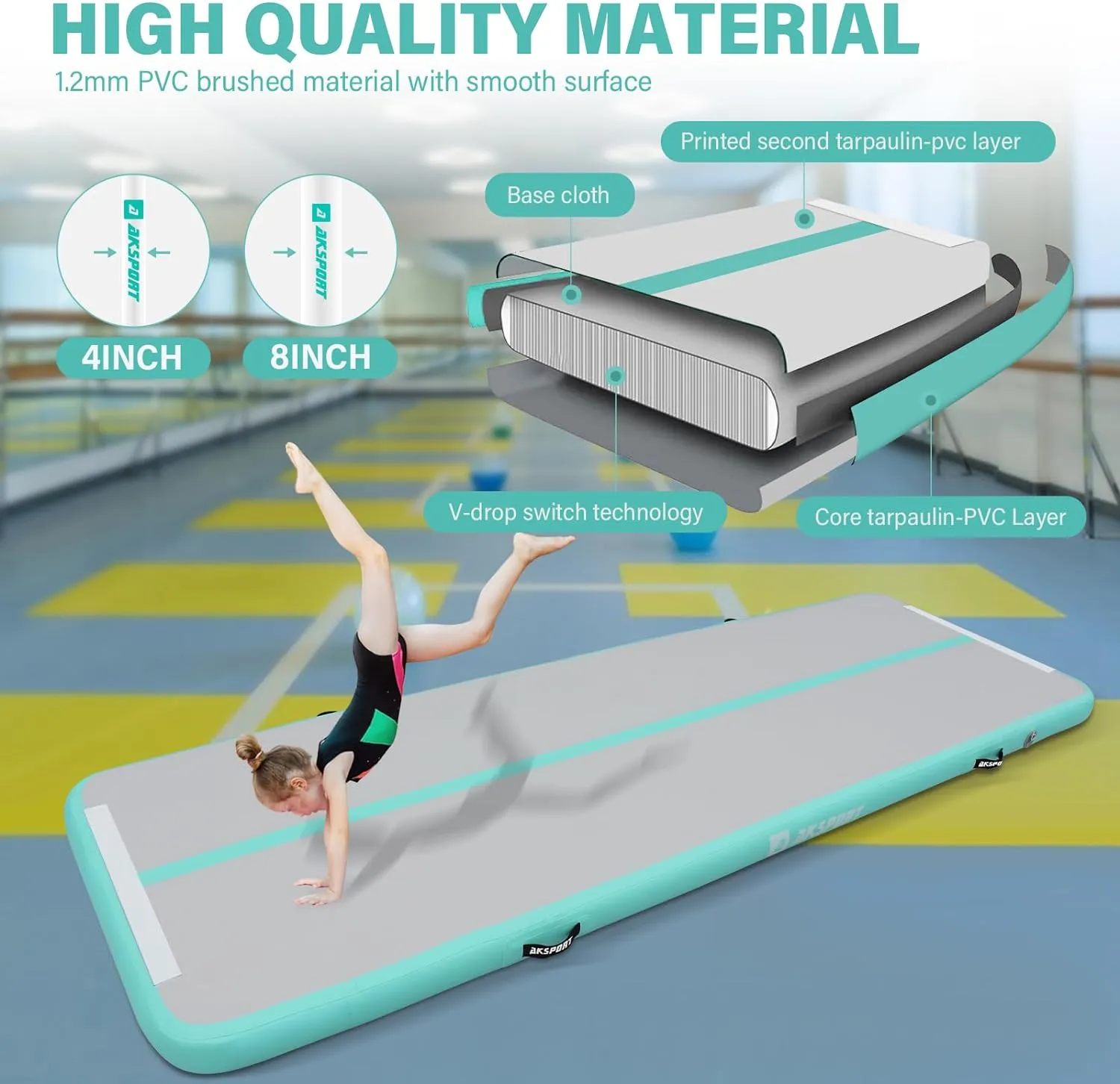 AKSPORT Gymnastics Air Mat Tumble Track Tumbling Mat Inflatable Floor Mats with Air Pump for Home Use/Tumble/Gym/Training/Cheerleading/Parkour/Beach/Park/Water