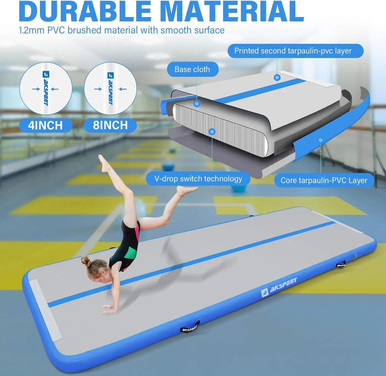 AKSPORT Inflatable Gymnatsics Mat Tumble Track 10ft 13ft 16ft 20ft 23ft Air Tumbling Mat with Air Pump for Home Use/Training/Cheerleading/Yoga