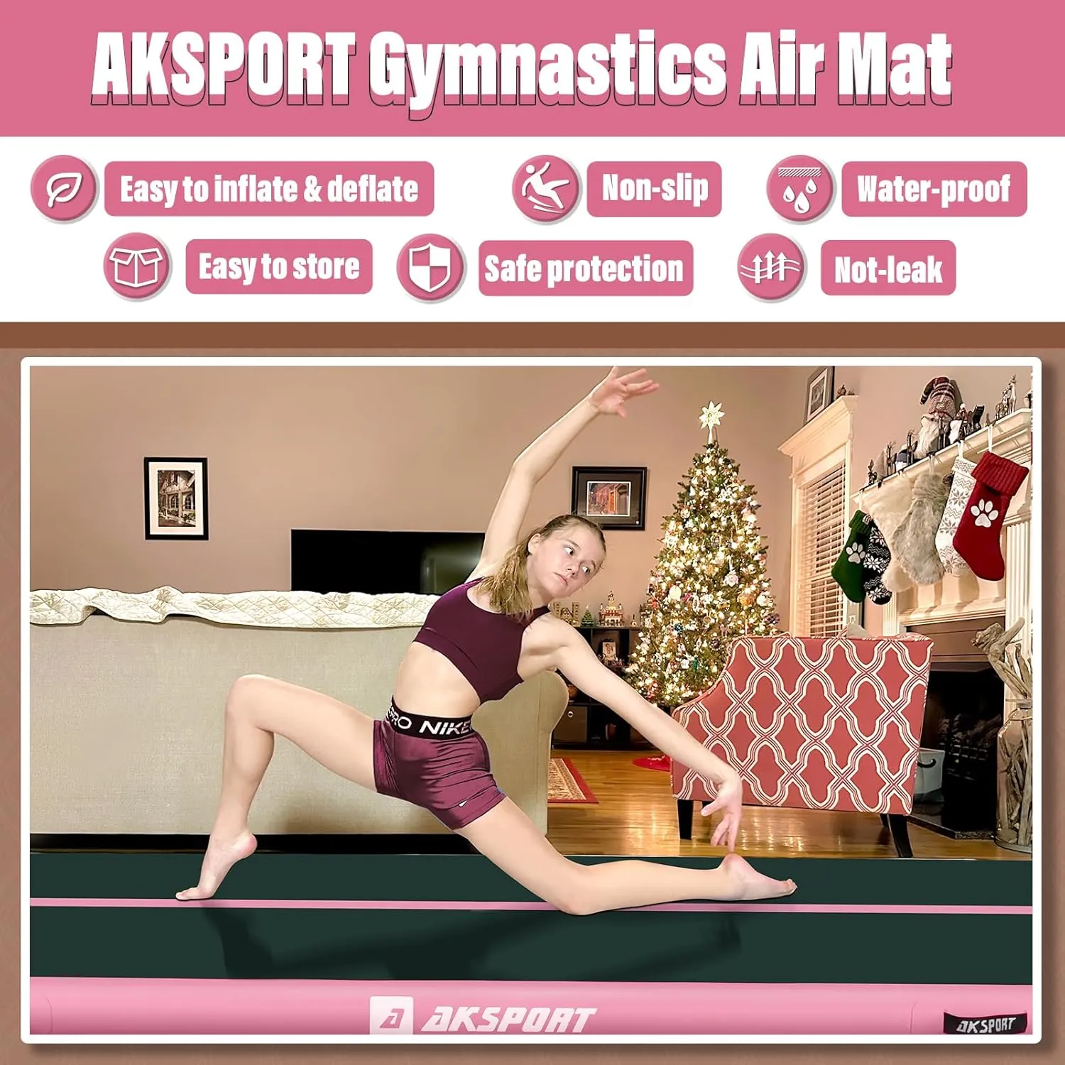 AKSPORT Inflatable Gymnatsics Mat Tumble Track 10ft 13ft 16ft 20ft 23ft Air Tumbling Mat with Air Pump for Home Use/Training/Cheerleading/Yoga