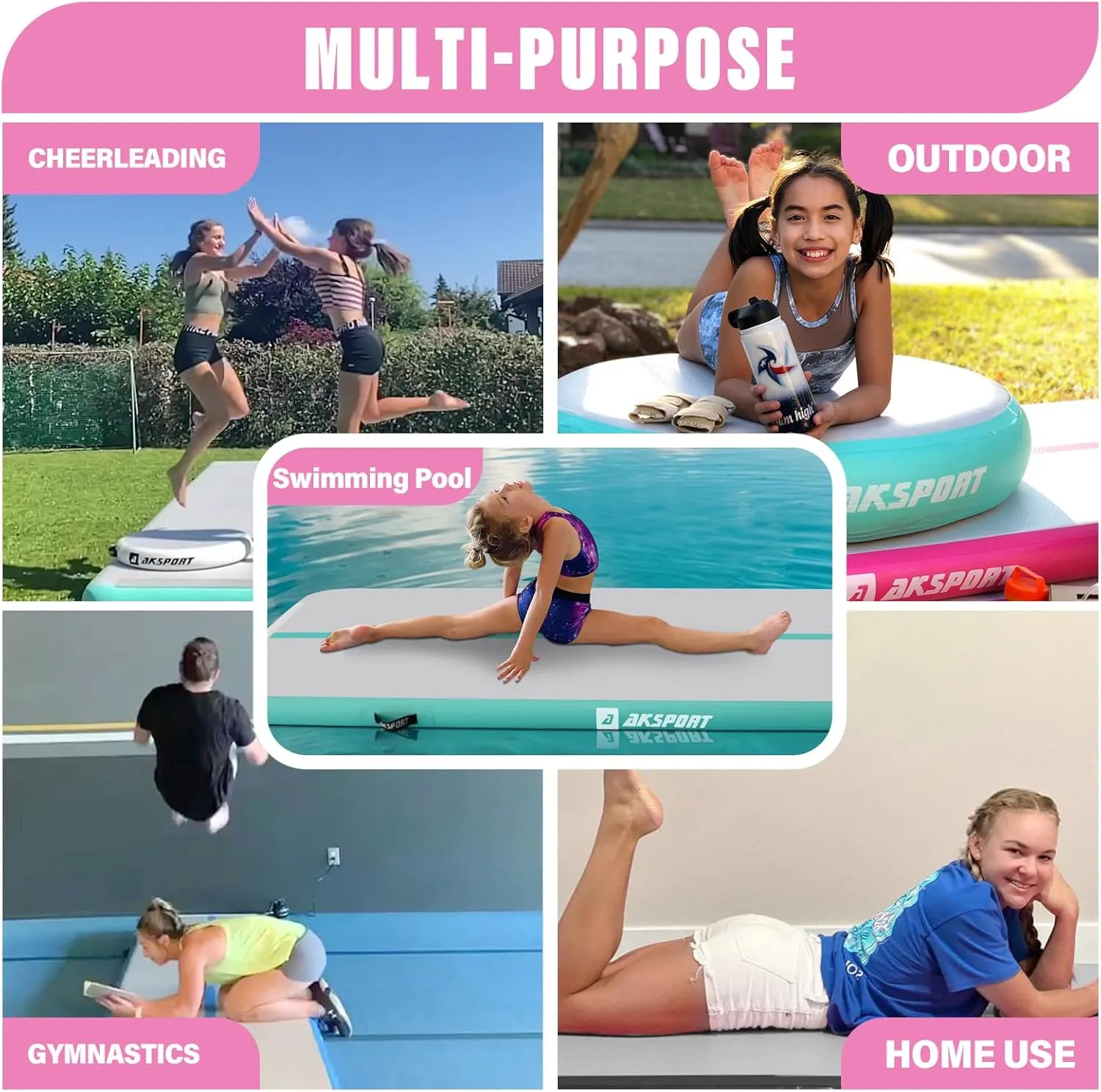 AKSPORT Inflatable Gymnatsics Mat Tumble Track 10ft 13ft 16ft 20ft 23ft Air Tumbling Mat with Air Pump for Home Use/Training/Cheerleading/Yoga
