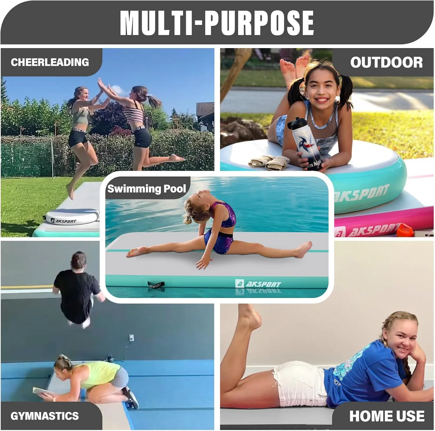 AKSPORT Inflatable Gymnatsics Mat Tumble Track 10ft 13ft 16ft 20ft 23ft Air Tumbling Mat with Air Pump for Home Use/Training/Cheerleading/Yoga