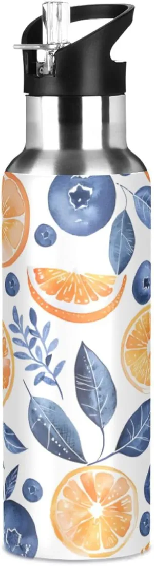 ALAZA Blueberries and Oranges Water Bottle with Straw Lid Vacuum Insulated Stainless Steel Thermo Flask Water Bottle 20oz