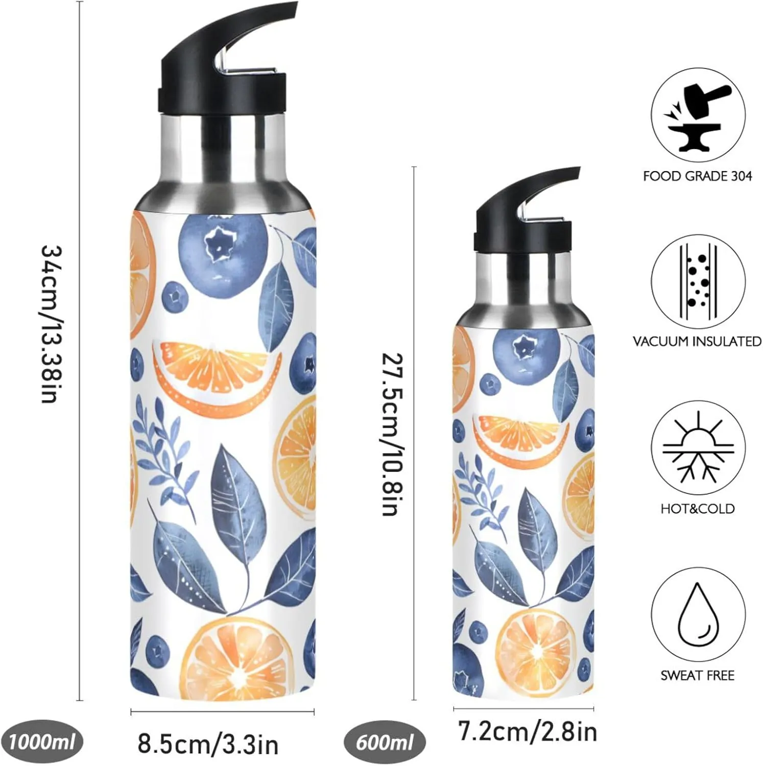 ALAZA Blueberries and Oranges Water Bottle with Straw Lid Vacuum Insulated Stainless Steel Thermo Flask Water Bottle 20oz
