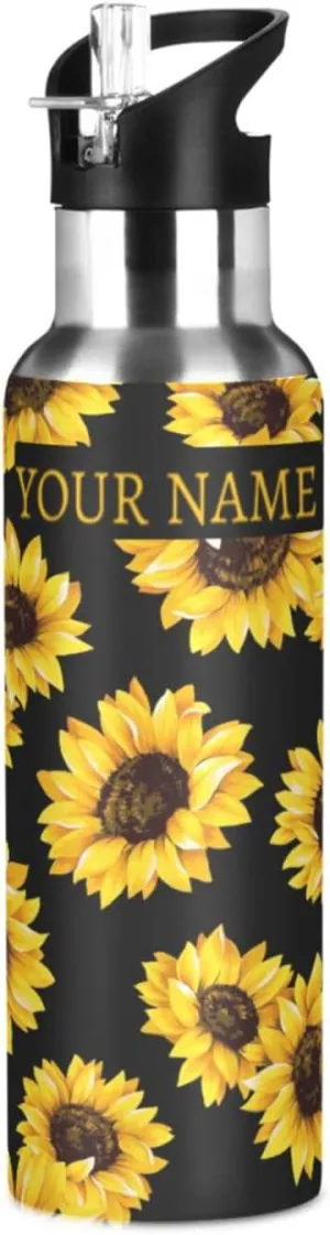 ALAZA Custom Sunflower Water Bottle with Name for Kids Girls with Straw Personalized Insulated Stainless Steel Water Flask Thermos for School Sport 20 Ounce