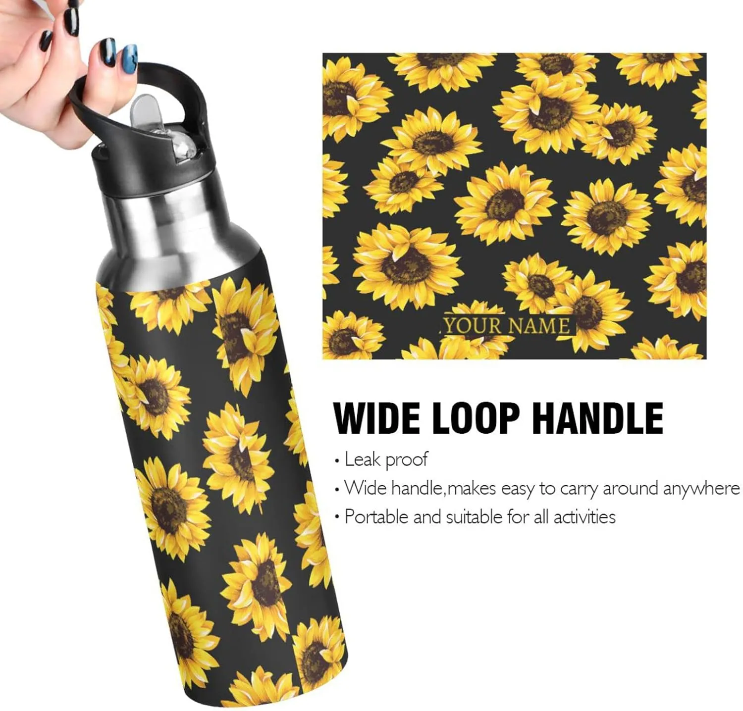 ALAZA Custom Sunflower Water Bottle with Name for Kids Girls with Straw Personalized Insulated Stainless Steel Water Flask Thermos for School Sport 20 Ounce