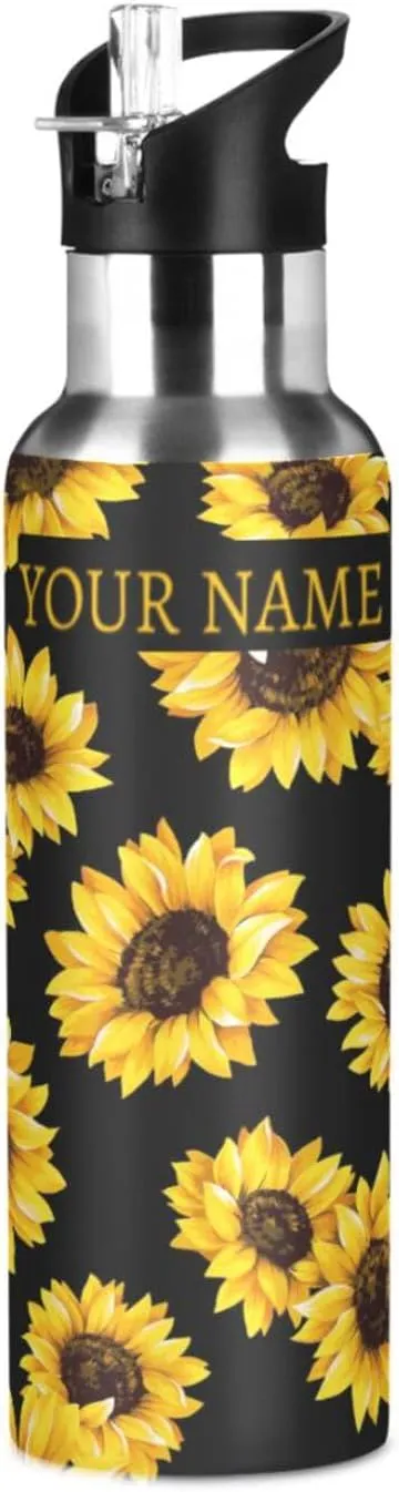 ALAZA Custom Sunflower Water Bottle with Name for Kids Girls with Straw Personalized Insulated Stainless Steel Water Flask Thermos for School Sport 20 Ounce