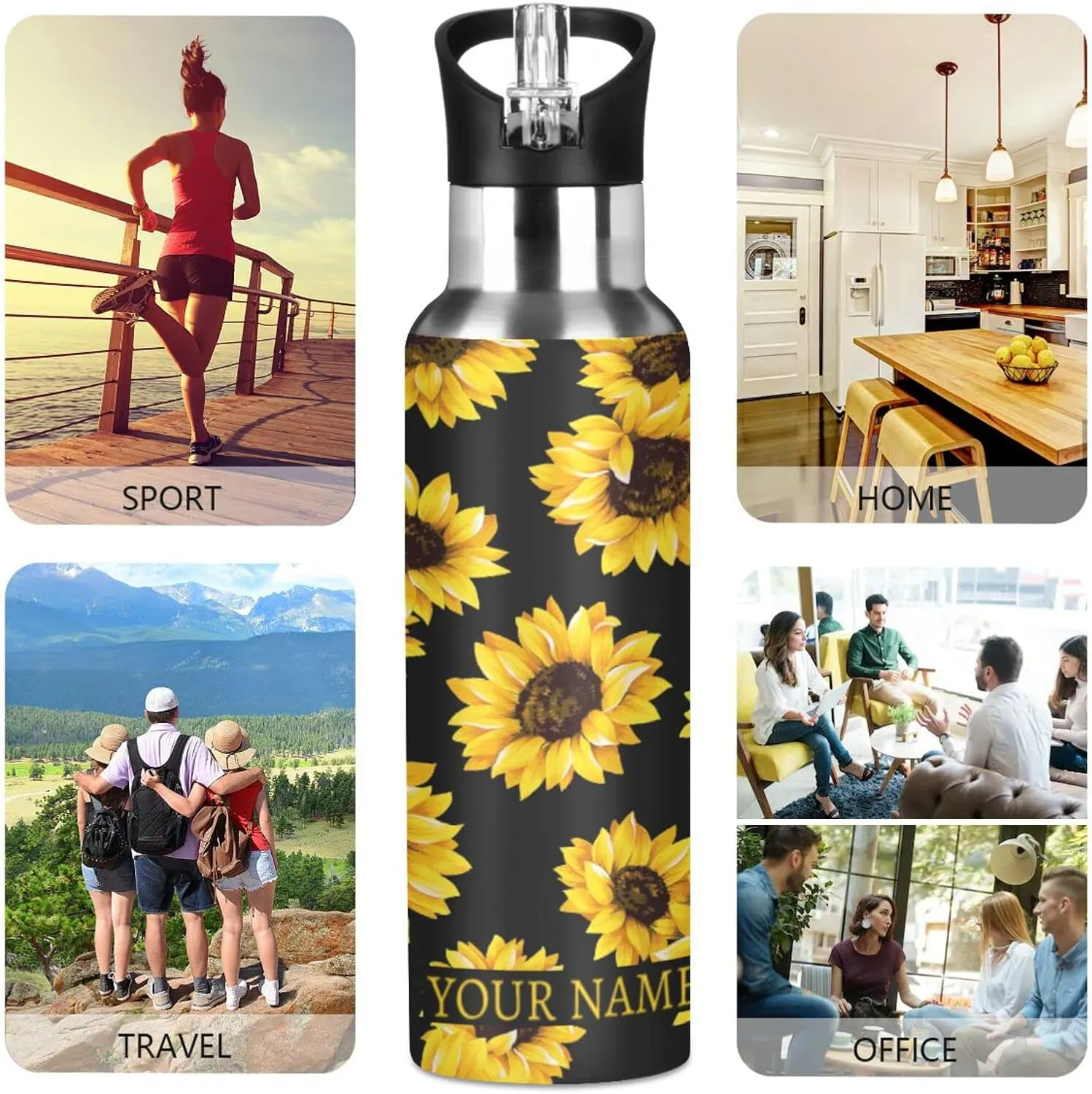 ALAZA Custom Sunflower Water Bottle with Name for Kids Girls with Straw Personalized Insulated Stainless Steel Water Flask Thermos for School Sport 20 Ounce