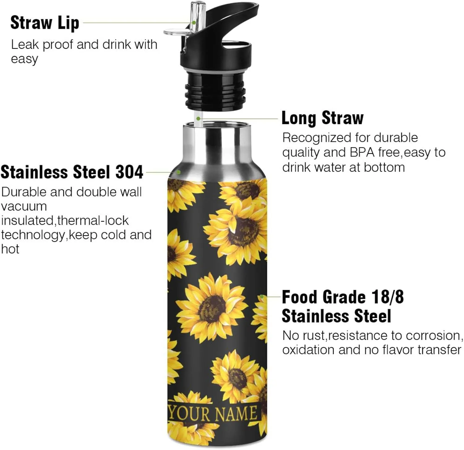 ALAZA Custom Sunflower Water Bottle with Name for Kids Girls with Straw Personalized Insulated Stainless Steel Water Flask Thermos for School Sport 20 Ounce