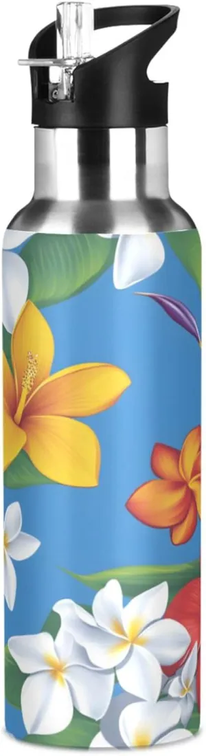 ALAZA Plumeria Pattern Water Bottle with Straw Lid Vacuum Insulated Stainless Steel Thermo Flask Water Bottle 20oz