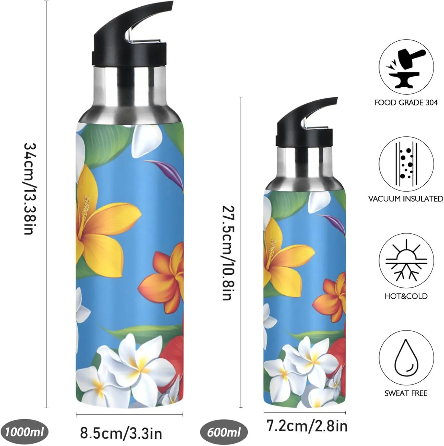 ALAZA Plumeria Pattern Water Bottle with Straw Lid Vacuum Insulated Stainless Steel Thermo Flask Water Bottle 20oz