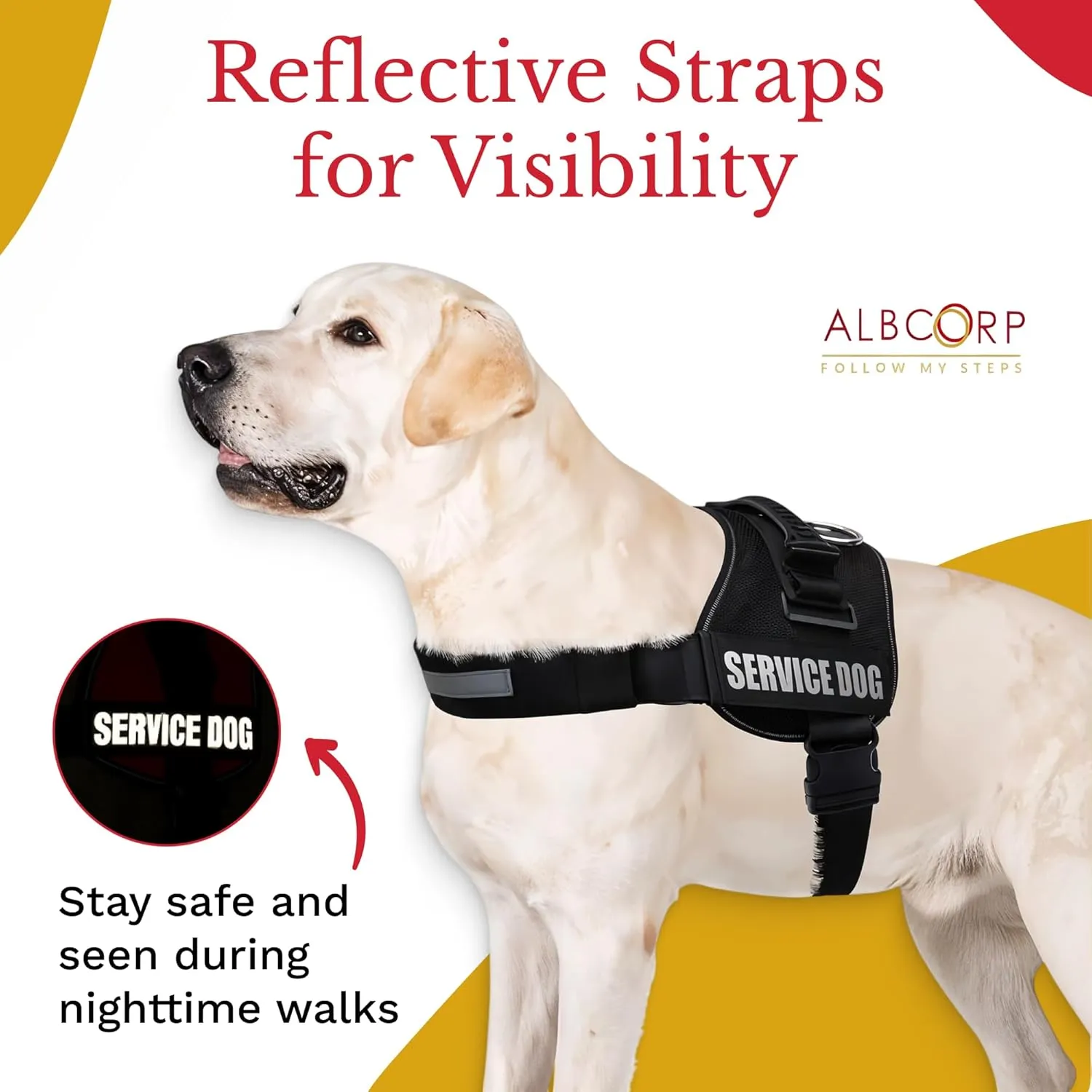 ALBCORP Reflective Service Dog Vest Harness – No-Pull Harness with Handle & Comfy Mesh Padding – Available in Sizes XXS-XL– with 2 Removable Hook & Loop Service Dog Patches, Large, Black