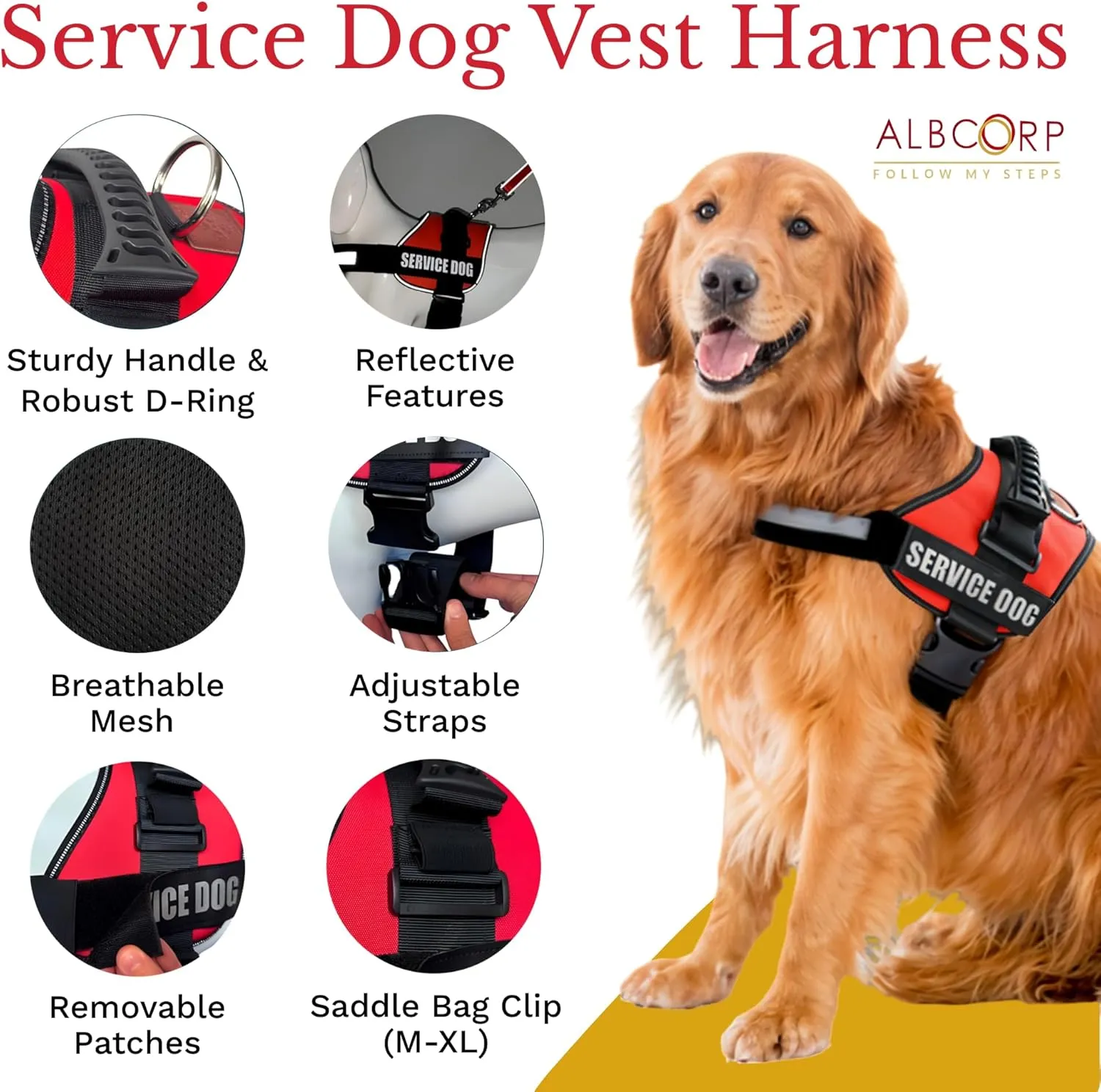 ALBCORP Reflective Service Dog Vest Harness – No-Pull Harness with Handle & Comfy Mesh Padding – Available in Sizes XXS-XL– with 2 Removable Hook & Loop Service Dog Patches, Large, Black