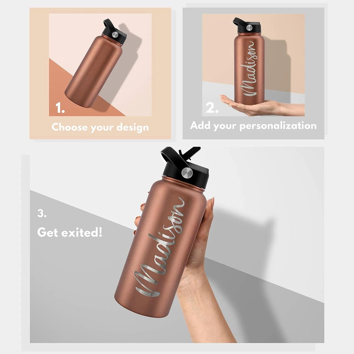 Amazing Items Personalized Water Bottle w/Straw & Lid, 40 oz - Black | Custom Large Stainless Steel Sports Water Bottle w/Name and Text - Double-Wall, Vacuum Insulated - Rotating Handle