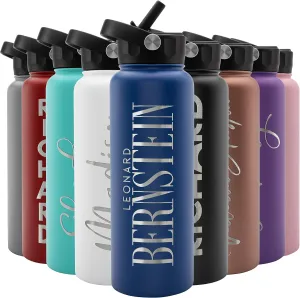 Amazing Items Personalized Water Bottle w/Straw & Lid, 40 oz - Navy Blue | Custom Large Stainless Steel Sports Water Bottle w/Name and Text - Double-Wall, Vacuum Insulated - Rotating Handle