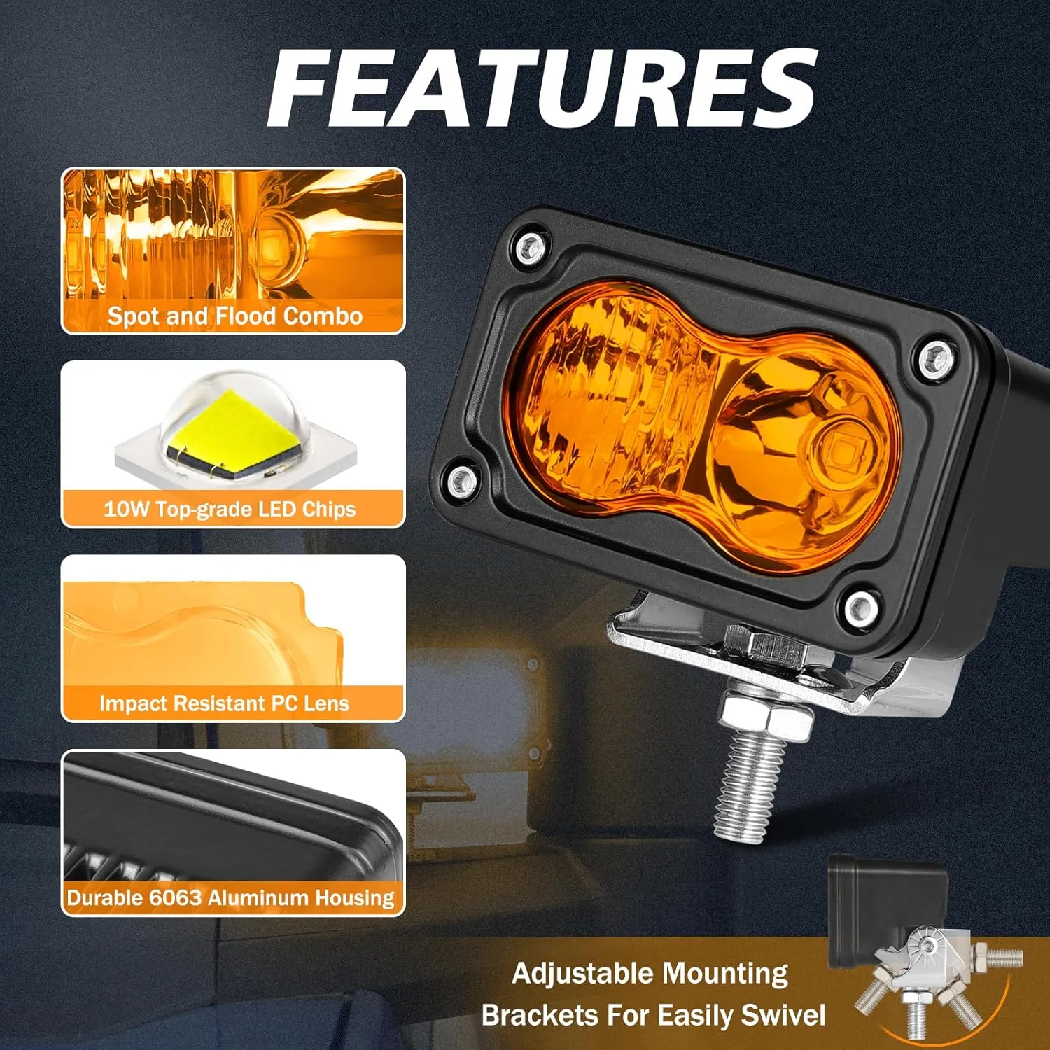 Amber LED Pods, 3 Inch 40W LED Chase Light Ditch Lights Spot Flood Combo Small LED Pods Lights Fog Lights LED Cubes 2 Packs for Motorcycle Truck UTV SUV ATV Dirt Bike Boat Offroad