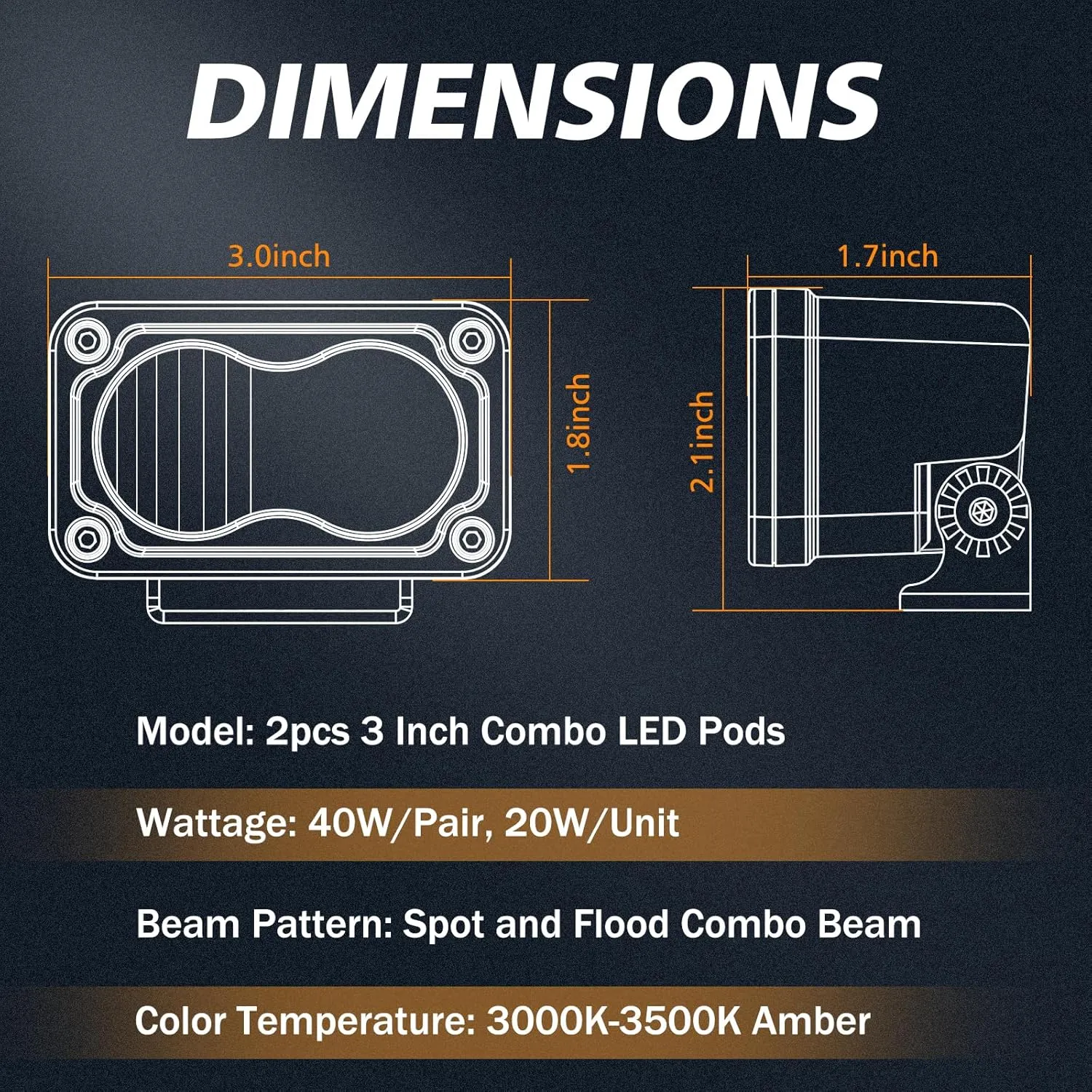 Amber LED Pods, 3 Inch 40W LED Chase Light Ditch Lights Spot Flood Combo Small LED Pods Lights Fog Lights LED Cubes 2 Packs for Motorcycle Truck UTV SUV ATV Dirt Bike Boat Offroad