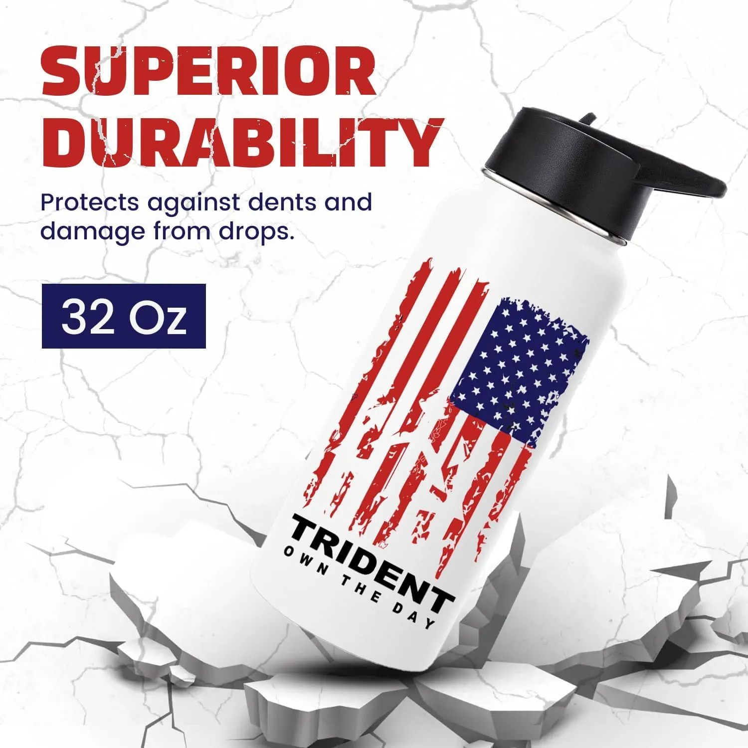 American Flag Water Bottle, 32 oz Insulated Water Bottle, Reusable Water Bottle with Straw, Leak Proof Water Bottles, Thermos Water Bottle - Combat Veteran Small Business (White, 32 Oz)