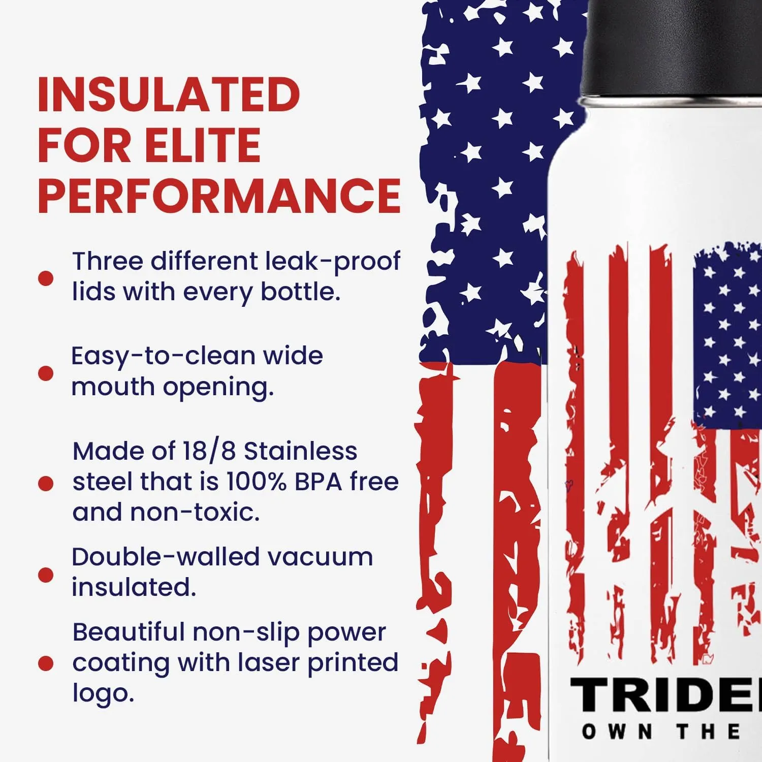 American Flag Water Bottle, 32 oz Insulated Water Bottle, Reusable Water Bottle with Straw, Leak Proof Water Bottles, Thermos Water Bottle - Combat Veteran Small Business (White, 32 Oz)