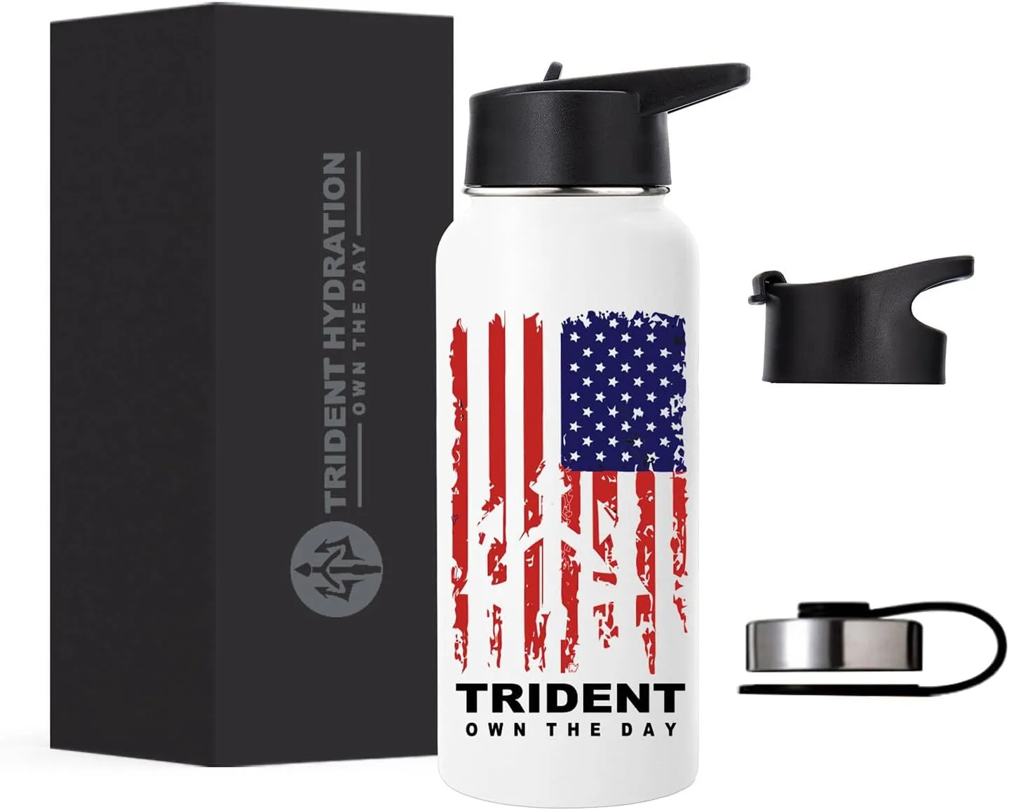 American Flag Water Bottle, 32 oz Insulated Water Bottle, Reusable Water Bottle with Straw, Leak Proof Water Bottles, Thermos Water Bottle - Combat Veteran Small Business (White, 32 Oz)
